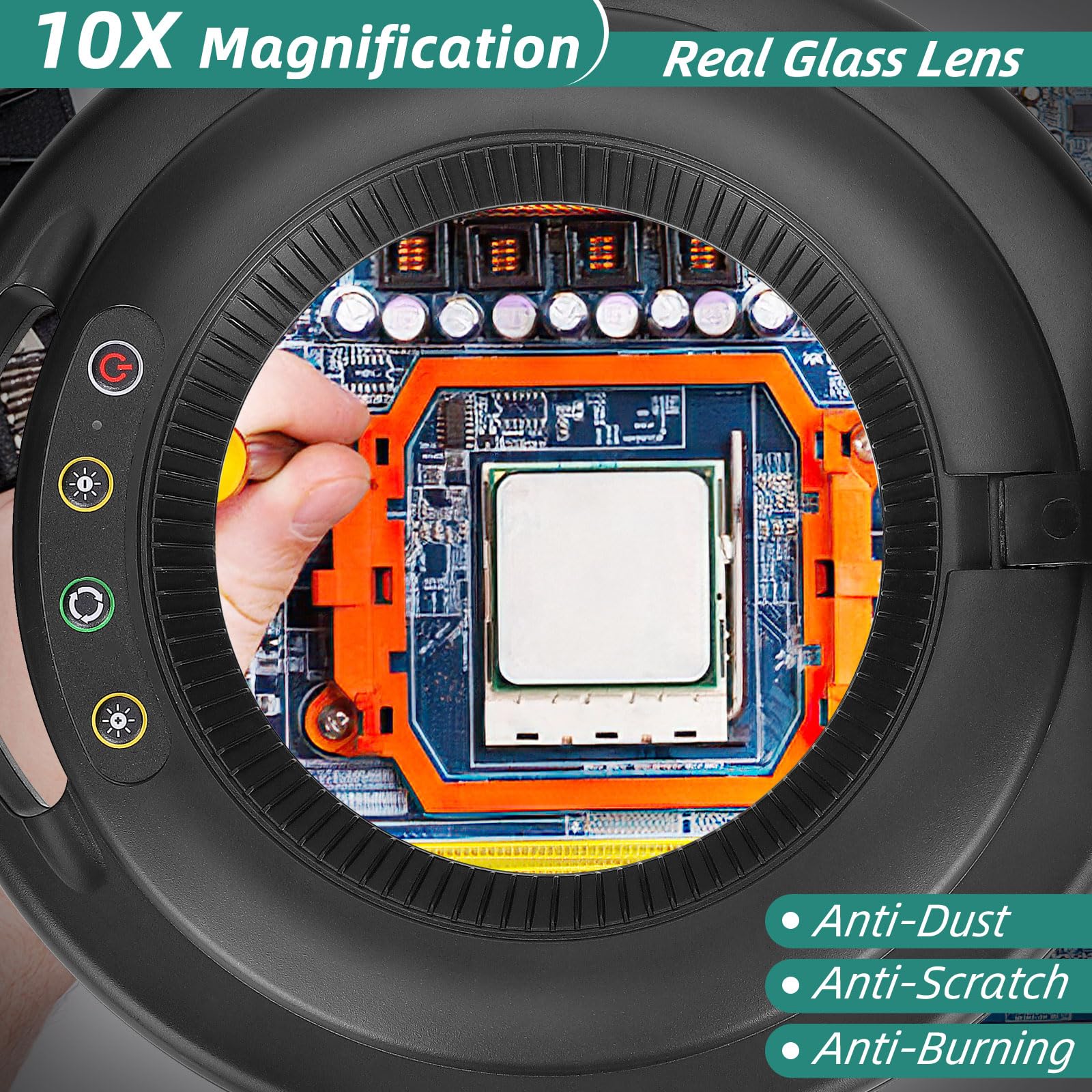 Tobegiga 10X Magnifying Glass With Light And Stand, Head Button Control Magnifier Lamp With Dust Cover, 5 Color Modes Dimmable L