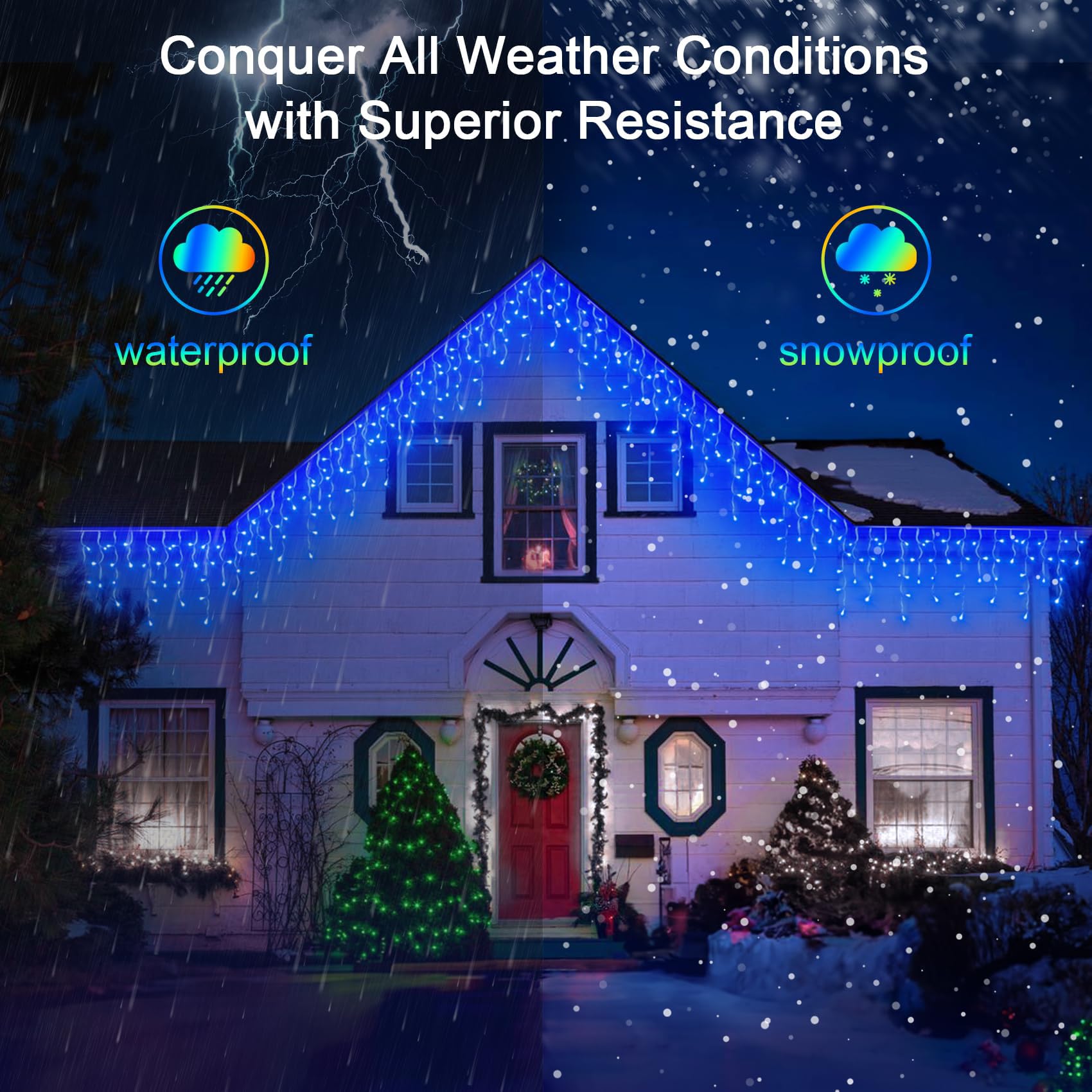 WUXYIYANG 648 LED Outdoor Christmas Lights, 66FT Waterproof Curtain String, 8 Modes, Blue, Model WX-648L, 144 Drops