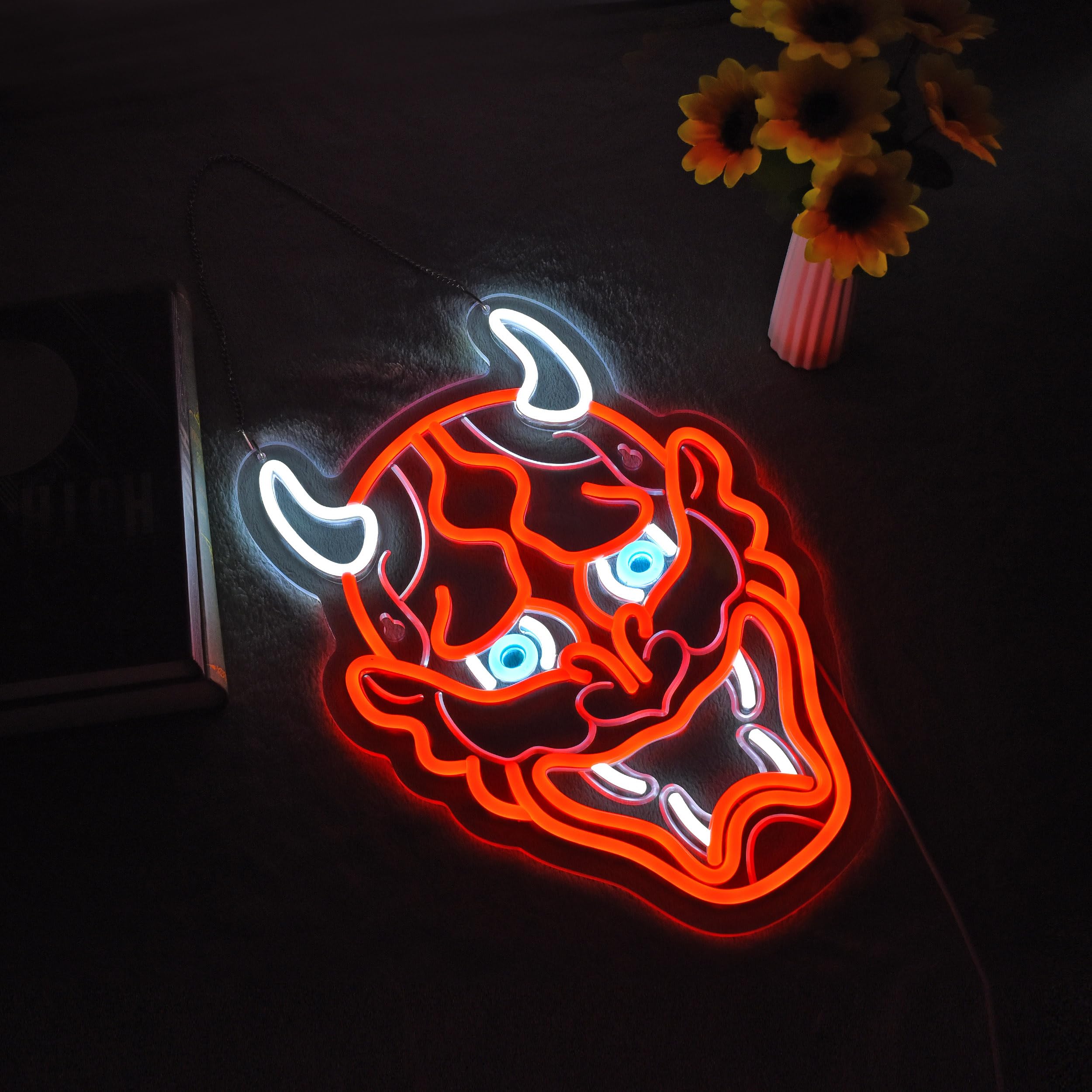 ZODZ Neon Hannya Mask Sign for Wall Décor, Dimmable LED Light, USB Powered, Red+Blue+White