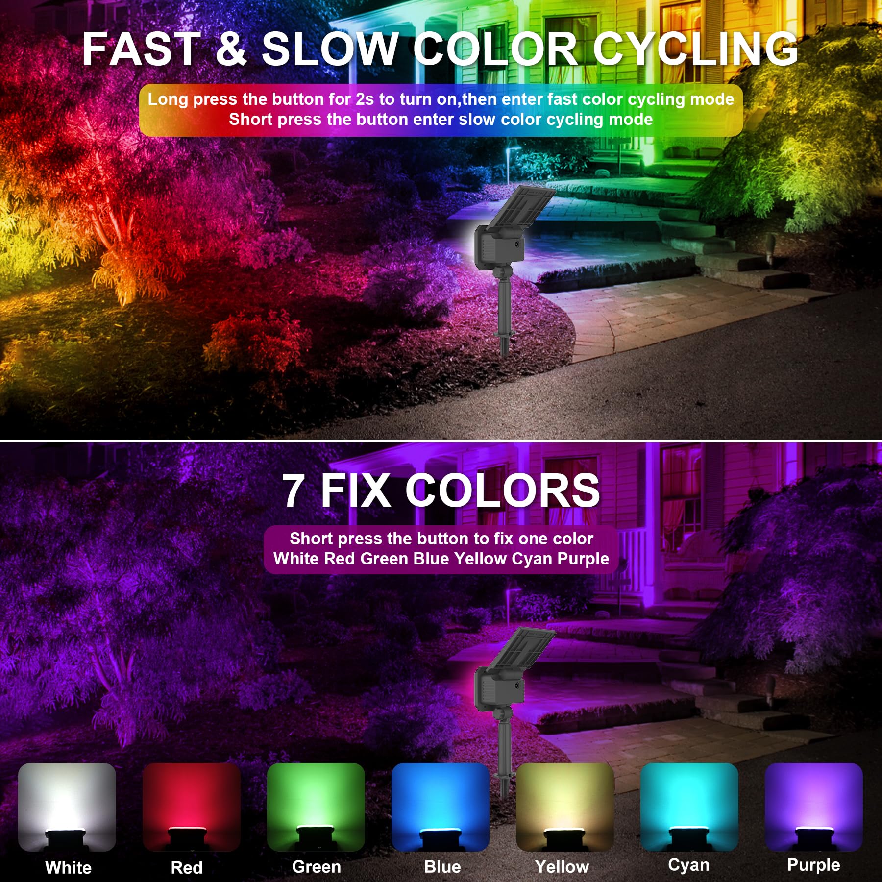 Crepow Solar Spot Lights, Rgb Color Changing, Waterproof Ip65, Adjustable - 6 Pack Multicolor
