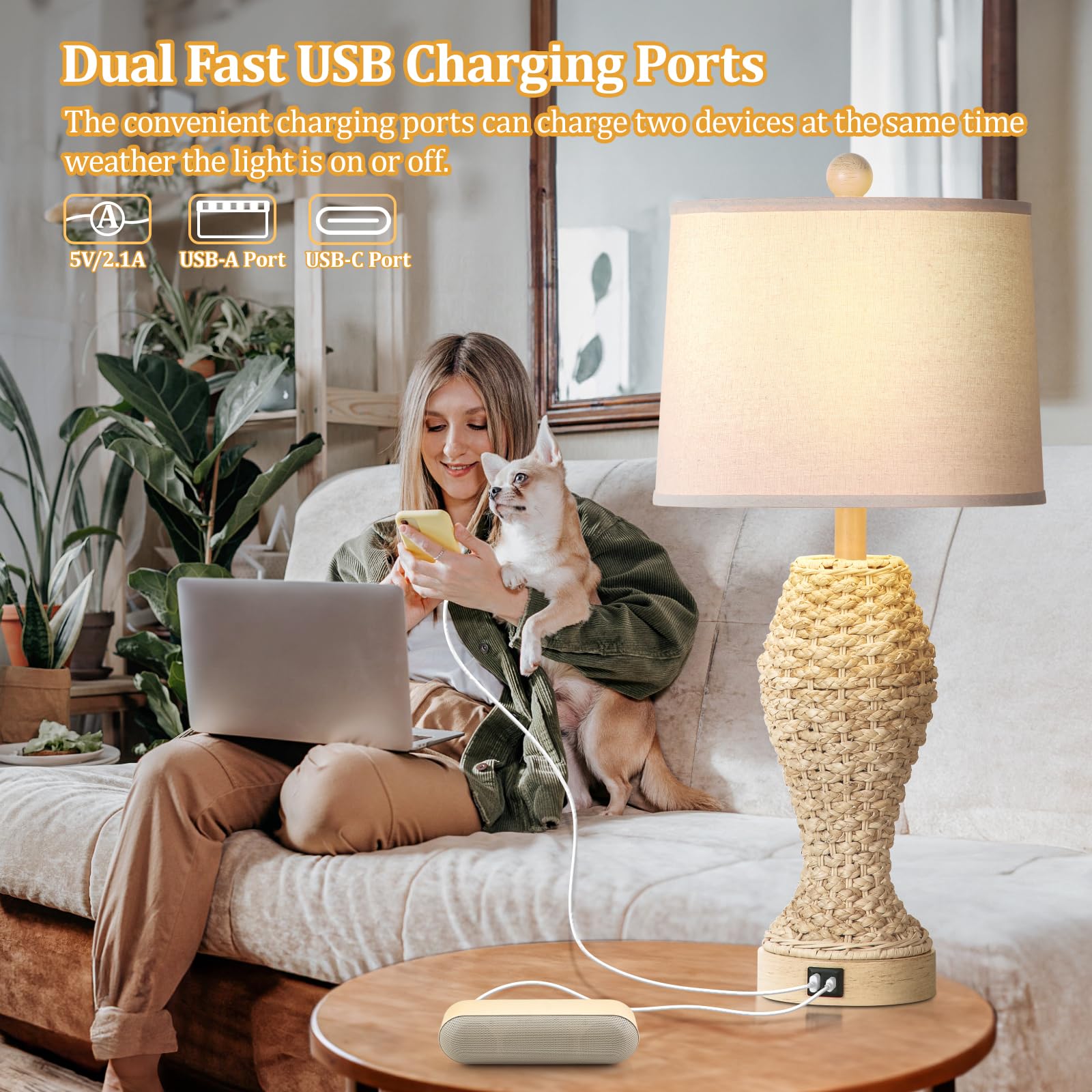 Tobusa Set Of 2 Rattan Table Lamps, 26.5&quot; Cream Bedside Lamps With Usb, Farmhouse & Coastal