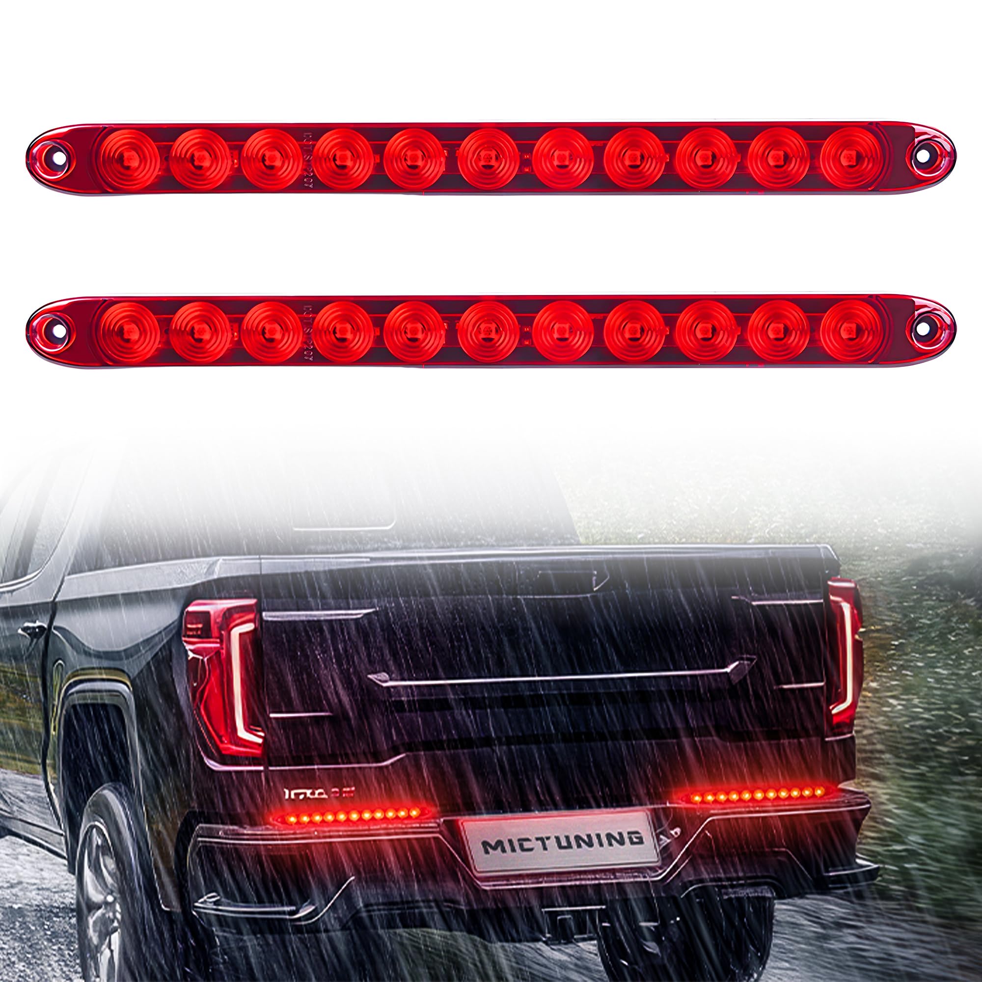 MICTUNING 16in 11 LED Red Trailer Light Bar - Waterproof Park Turn Signal & Brake Light - 2 PCS - Model 2024
