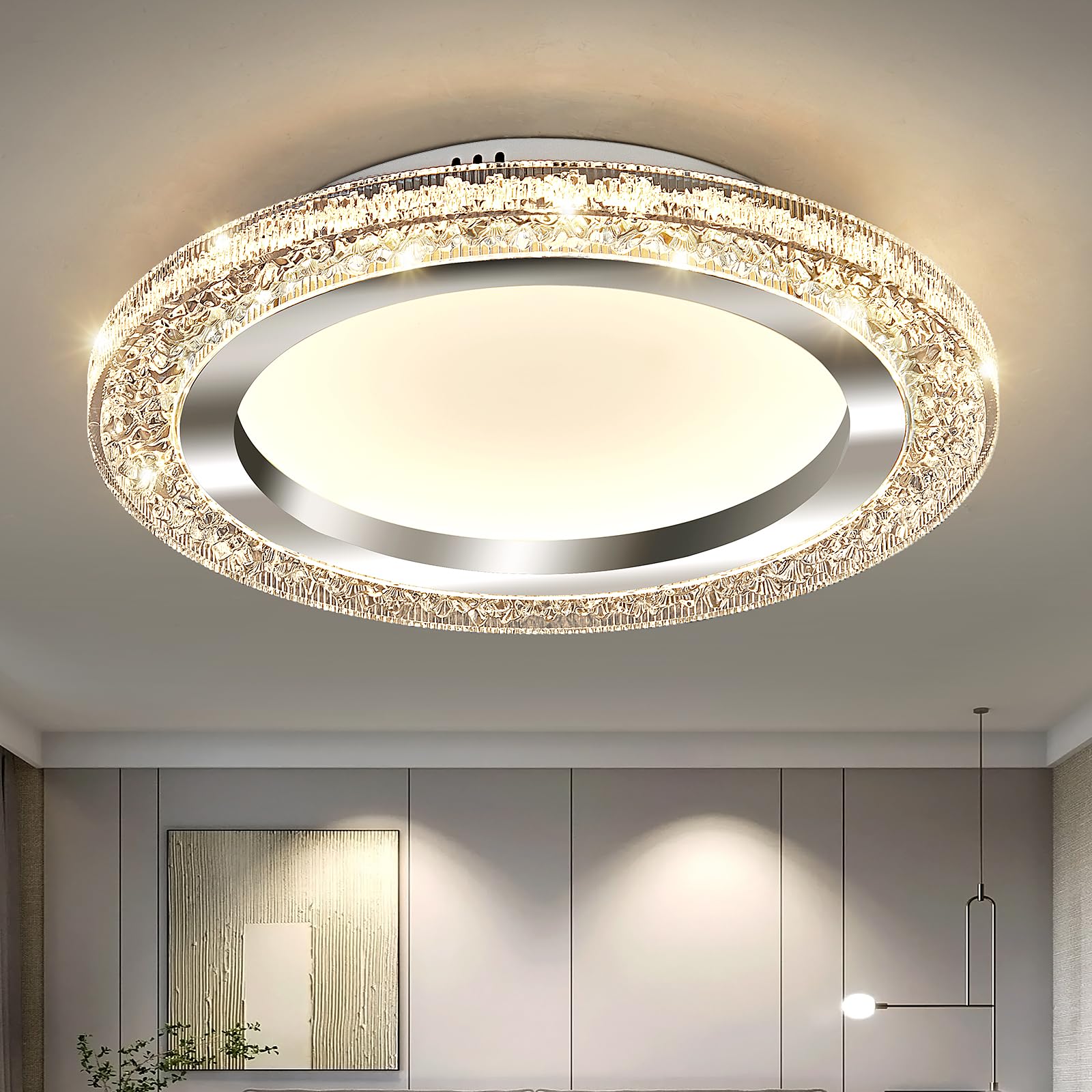 Uofus 32W Led Flush Mount Ceiling Light Chrome 15.7Inch Modern Round Ceiling Light Fixture 3000K-6000K Dimmable Super Bright Cir