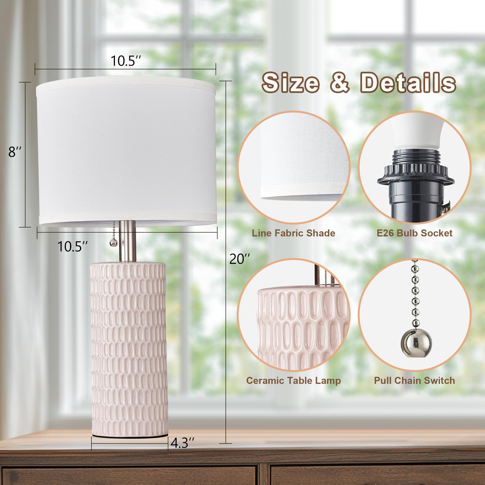Reaketon Table Lamps Set of 2, 20in Ceramic Modern Lamps for Bedroom, Pink, Model 102-1TPNK