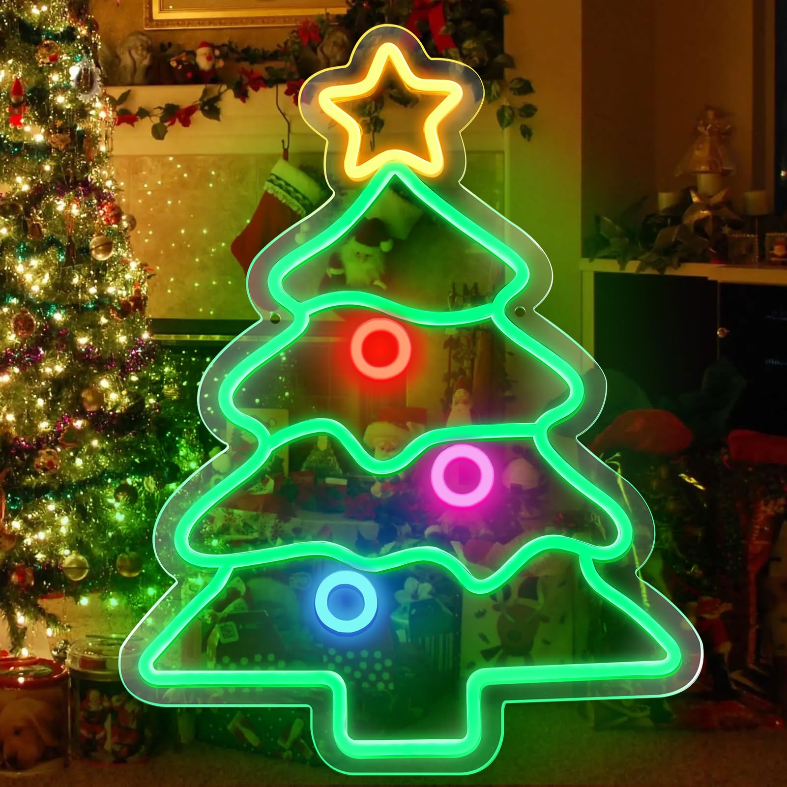 LEDLampsWorld Neon Sign - Christmas Tree Decor, 18.5x14.2 Inch, Acrylic, Multi-Color (Green, Yellow, Red, Purple, Blue)