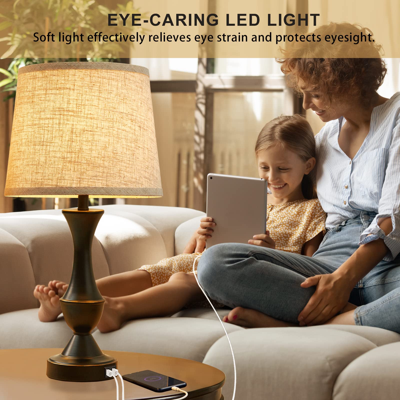 Luvkczc Touch Lamps Set of 2, 3 Way Dimmable, USB Charging Ports, Slub Linen, Black/Oatmeal, Model L-73008-07