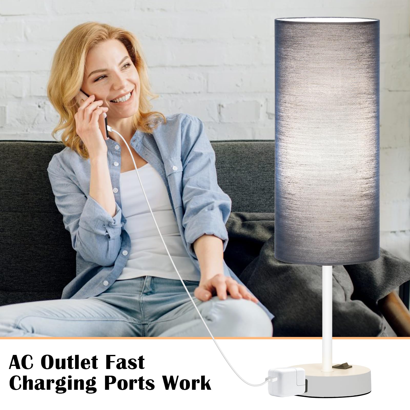 ZJOJO Table Lamp 2 Pack, 18in Bedside Lamps with 3 Way Dimmable Switch, Blue Fabric Shade, White Base, Model RD-PTL6W-038