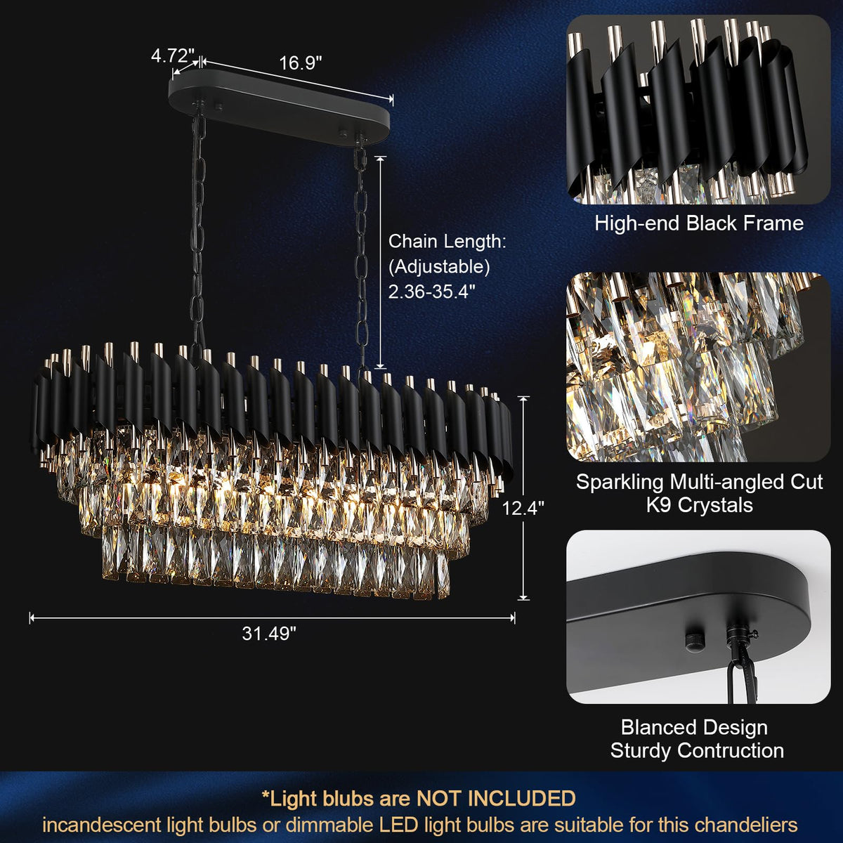 A AXILIXI Modern Rectangular Chandelier, 32" Black & Gold Crystal, 8 L ...