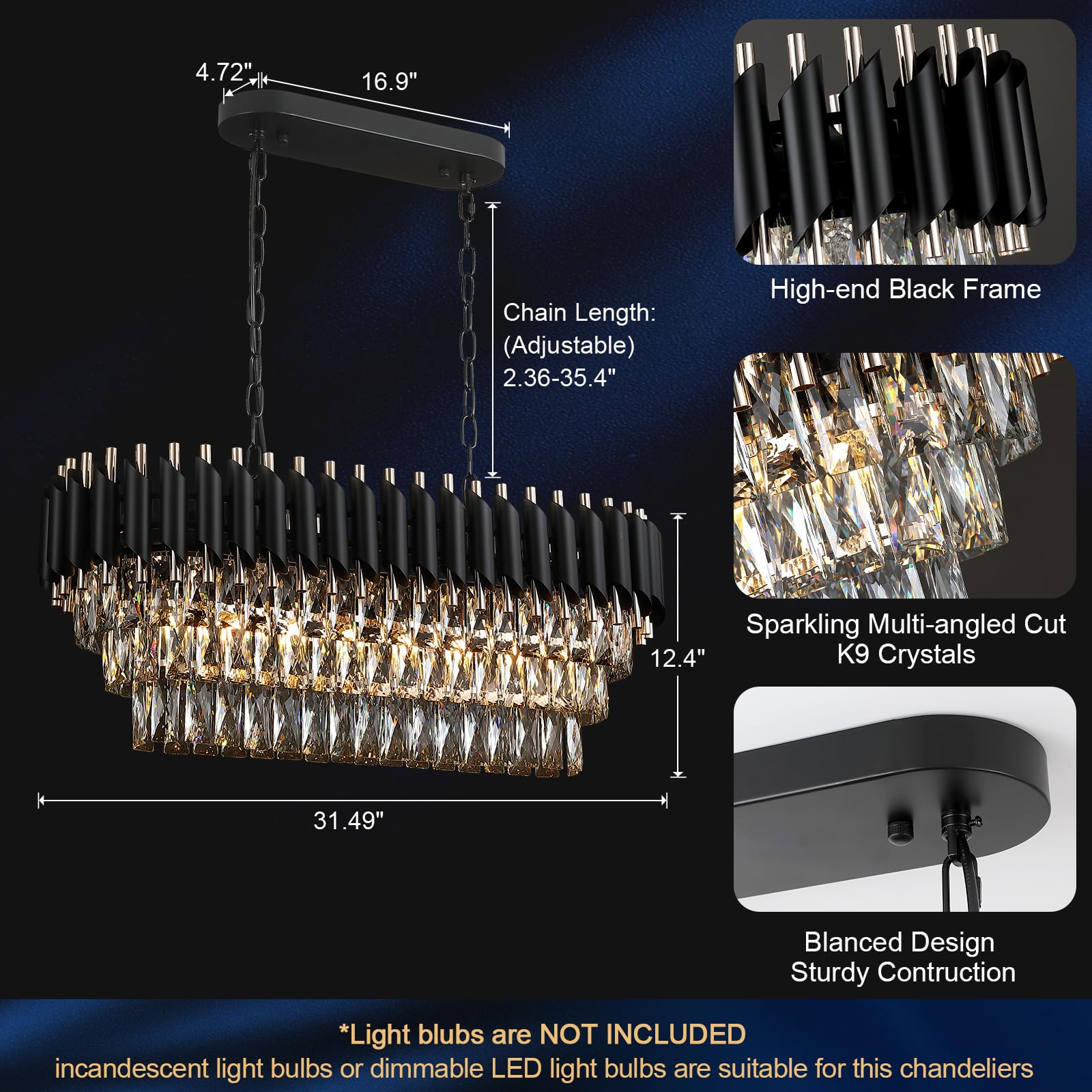 A AXILIXI Modern Rectangular Chandelier, 32" Black & Gold Crystal, 8 Lights, Model 8801, Luxury Pendant Light for Dining Room & Kitchen Island