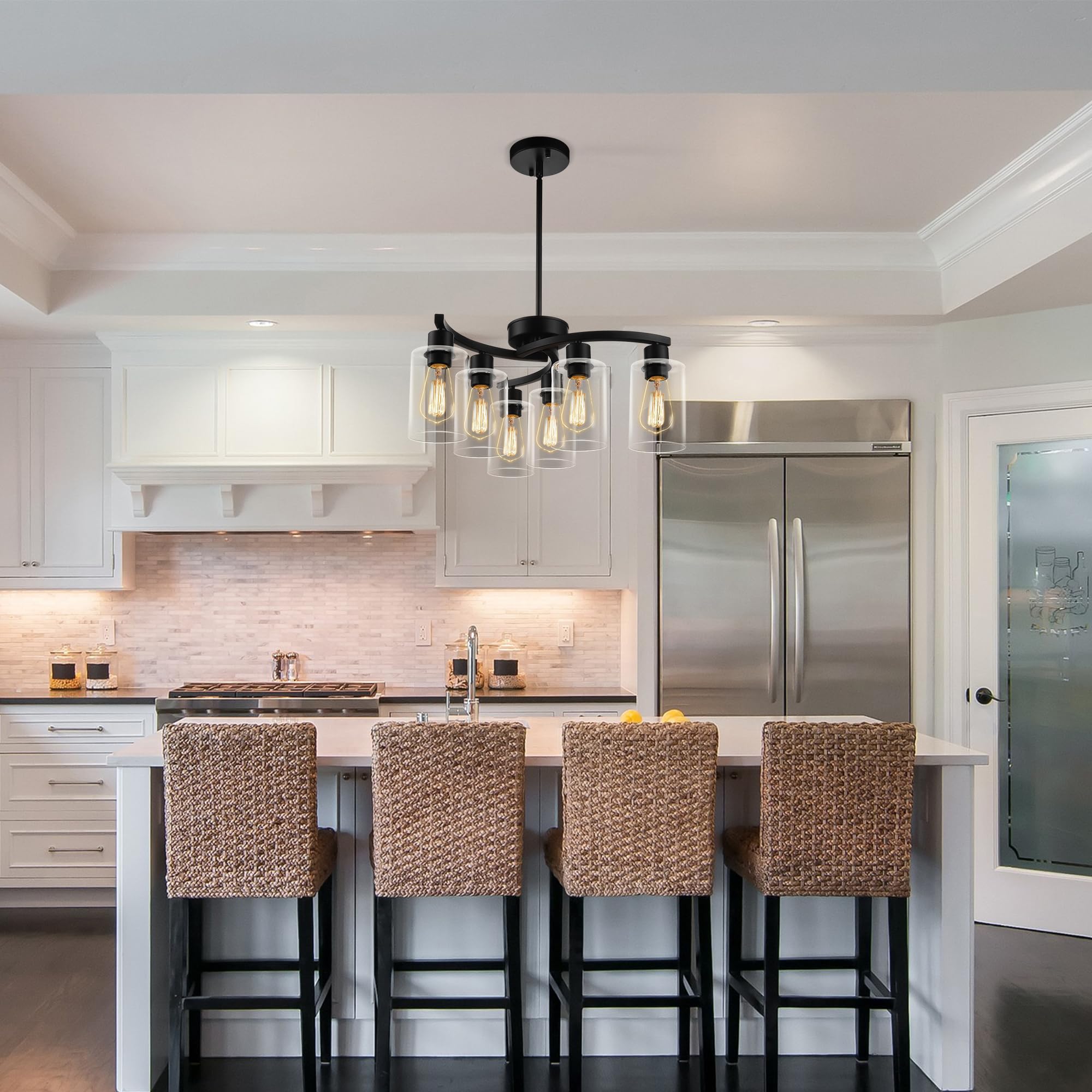 CNRATYE 6-Light Black Chandelier, Modern Farmhouse Pendant with Glass Shade, Adjustable Height for Dining Room and Kitchen Island