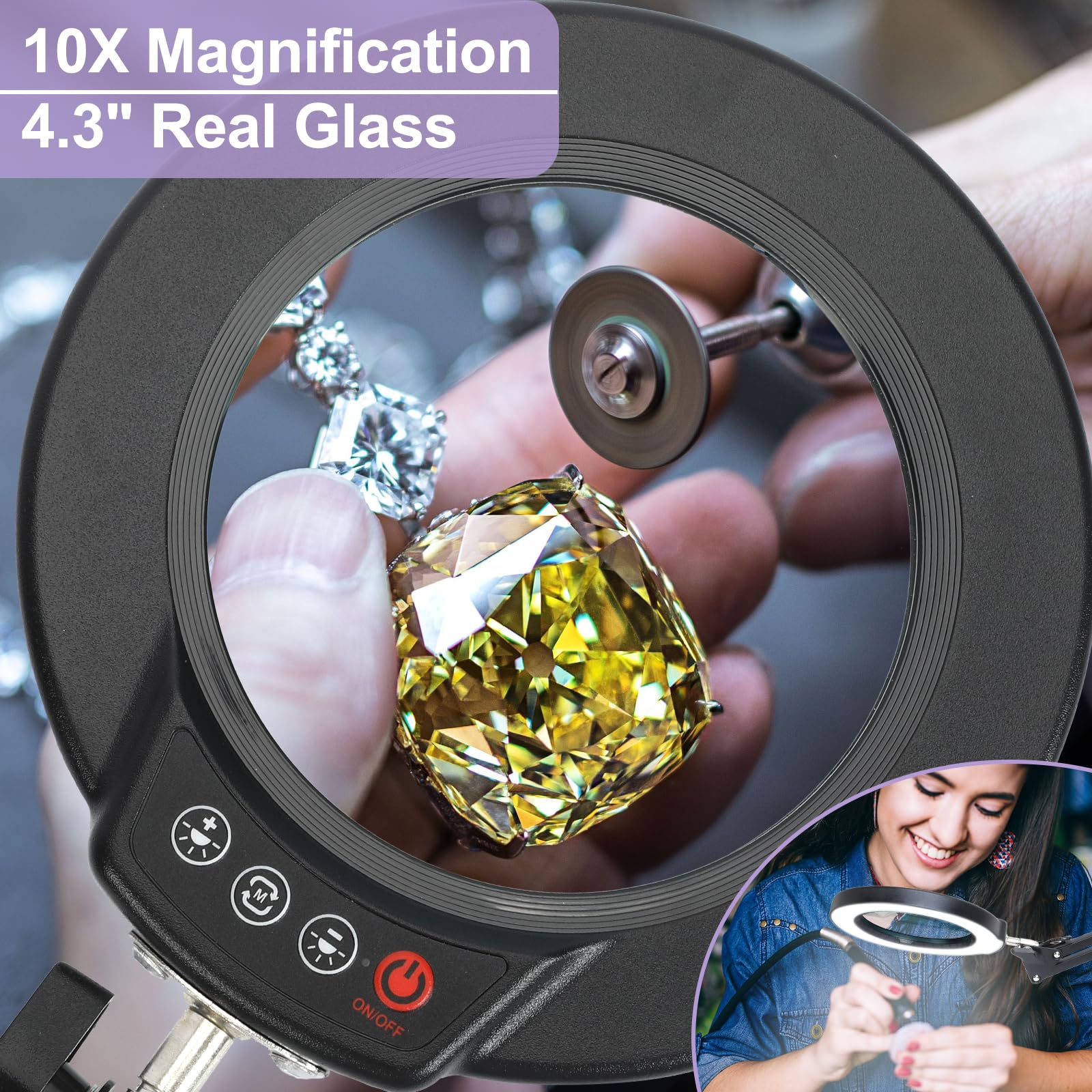 Seylae 10X Magnifying Glass With Light And Clamp, Real Glass Lens Lighted Magnifier With Stand, 5 Color Modes Led Dimmable Magnifying Desk Lamp Hands Free For Crafts Jewelry Painting Sewing Close Work