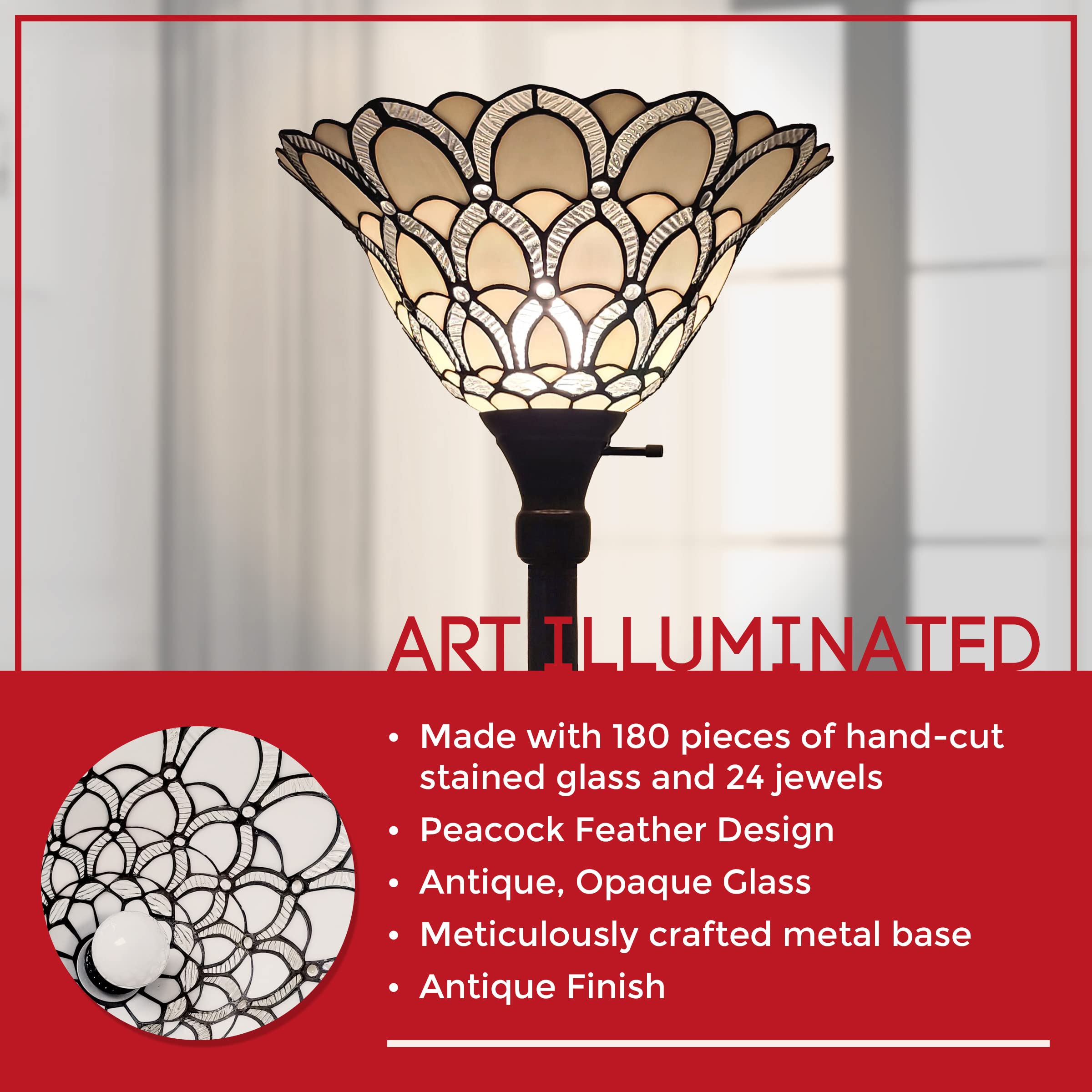 Amora Tiffany Floor Lamp Torchiere - Traditional Style Peacock Design 69    Stained Glass Lamp, Custom Handcrafted Pole Lamp Wit