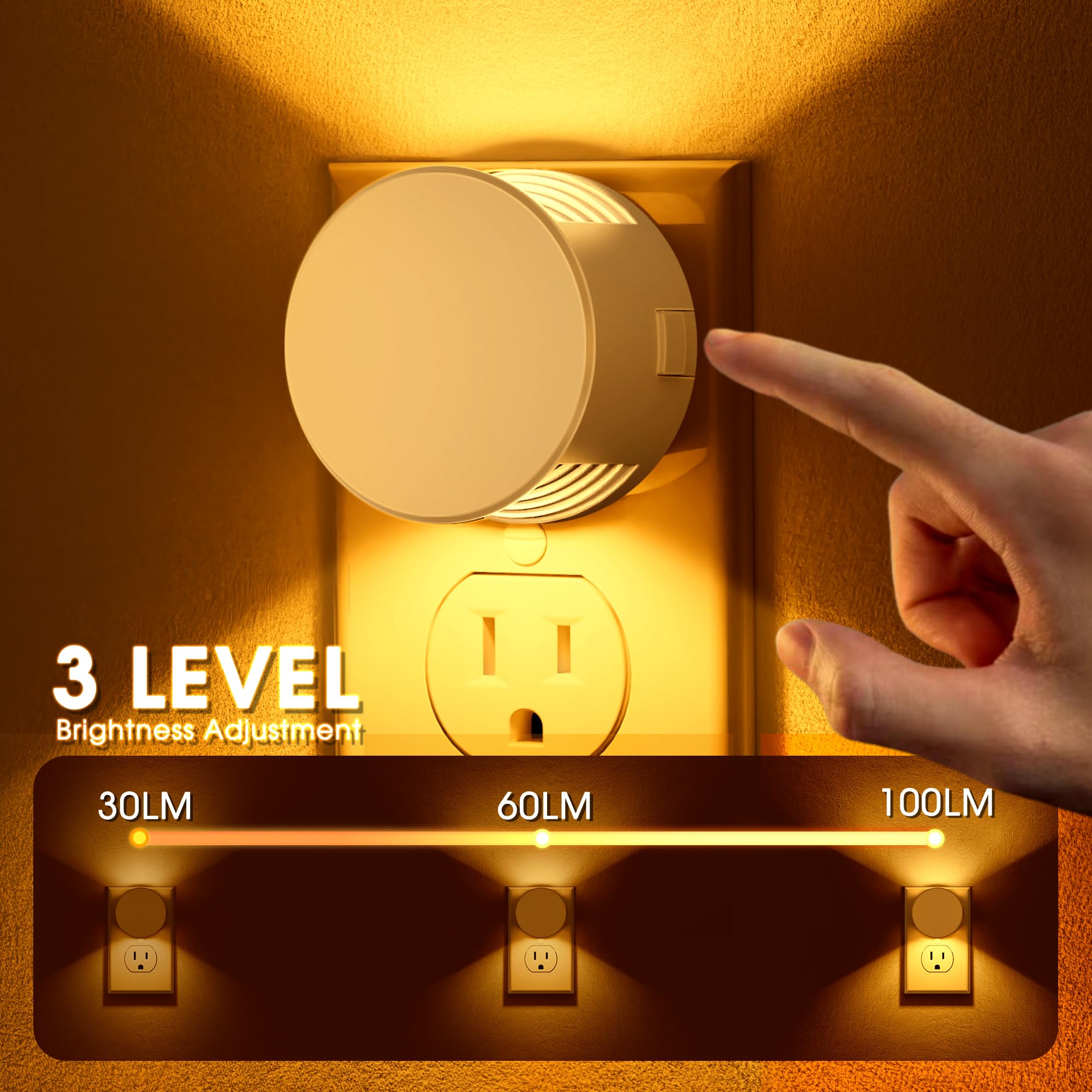 Night Light [2 Pack], Night Lights Plug Into Wall, 3 Adjustable Brightness Levels, Dusk To Dawn Sensor, Soft Amber Glow, Ideal N