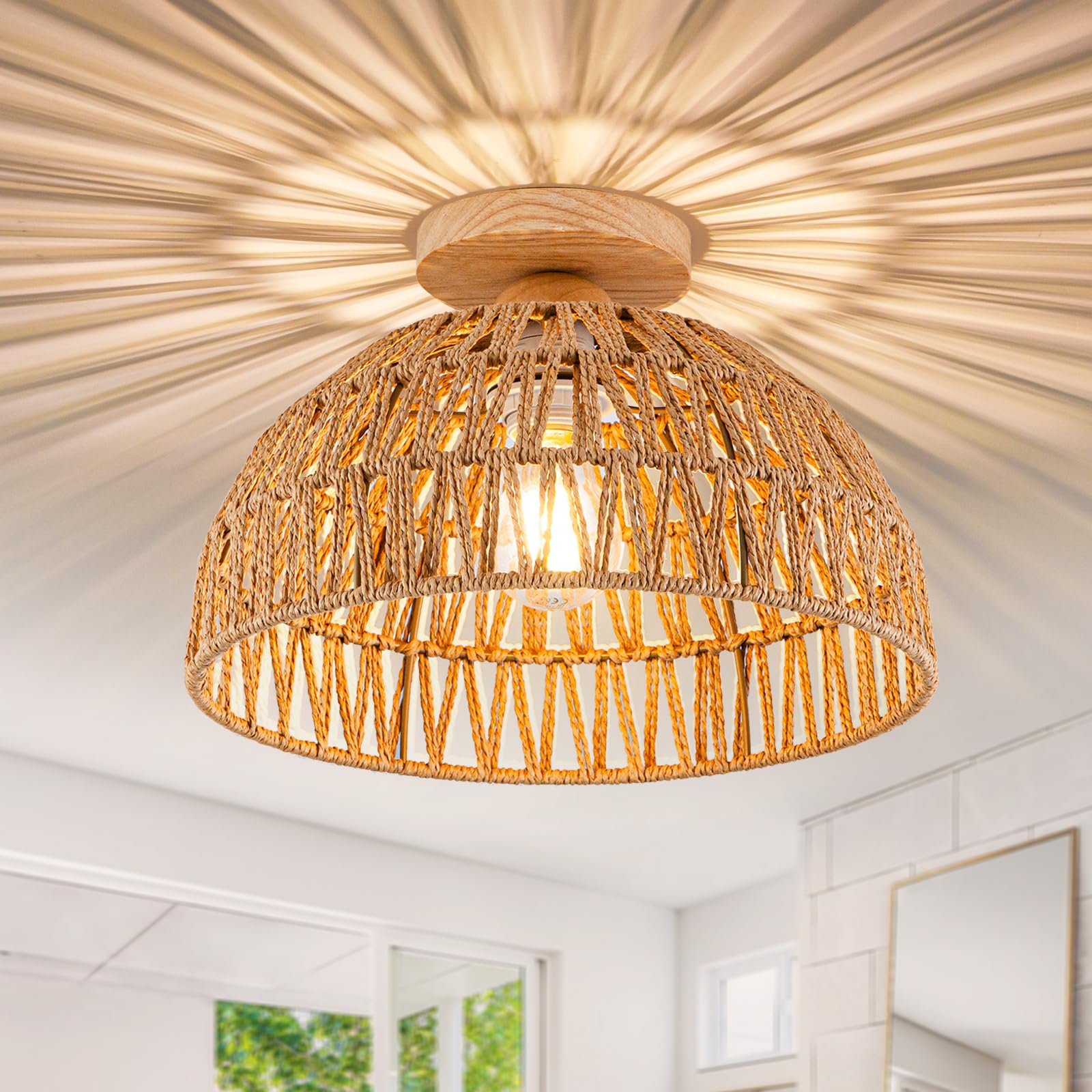 Boho Light Fixtures Ceiling Rattan Lights Boho Chandelier Flush Mount Ceiling Light Wooden Canopy Woven Lamp shade Small Chandel