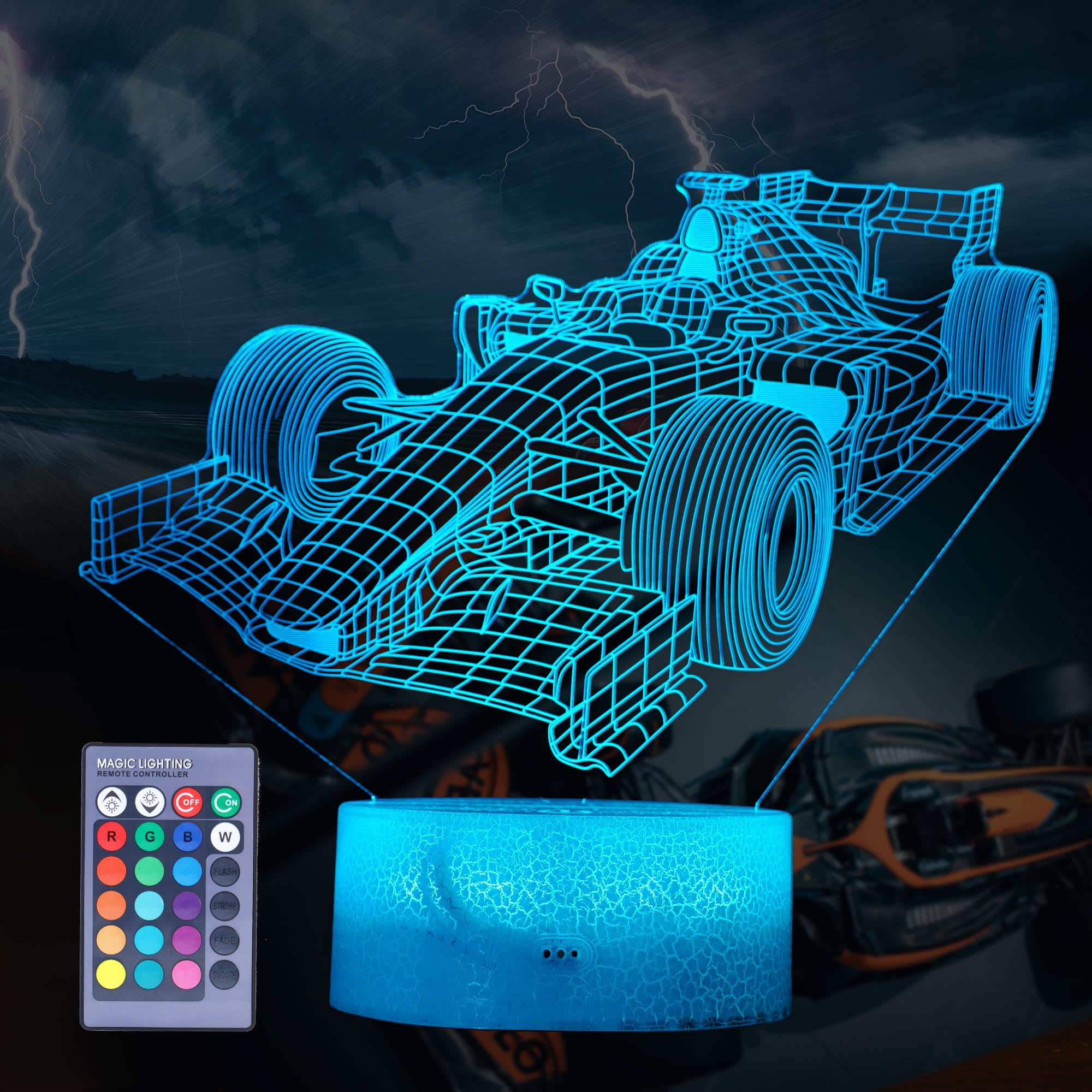 POSSHE F1 Car Gifts for Boy, F1 Race Car Night Light with Remote Control, 16 Colors Changing, RGB Flashing Mode and Dimmable, Ra