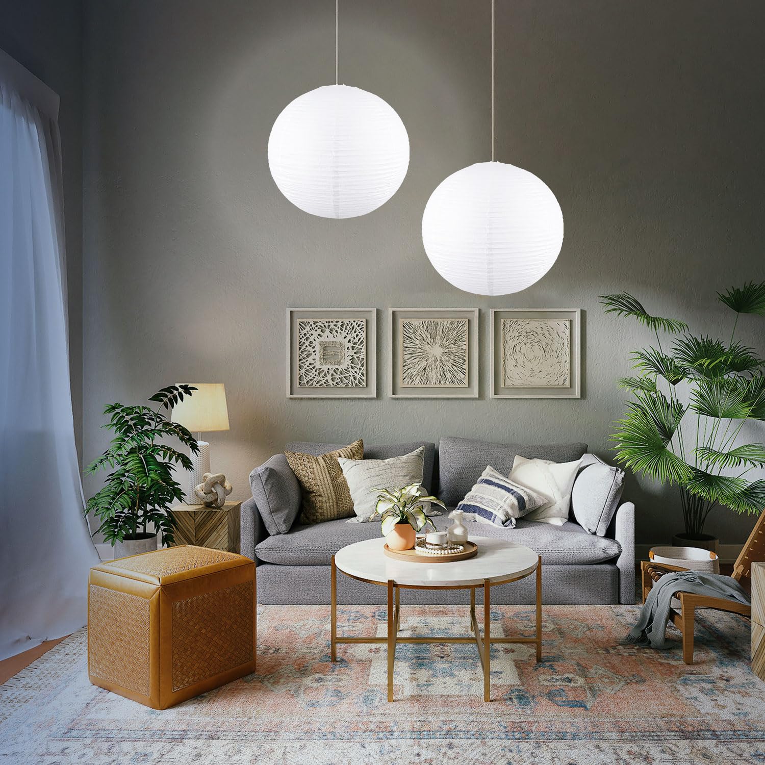 White Round Paper Lanterns-19.68'' Large Hanging Paper Lantern Lamp, Chinese/Japanese Paper Lantern Pendant Light For Party Deco