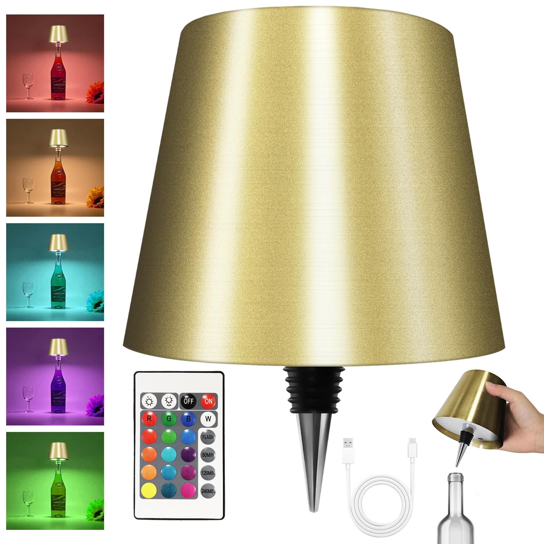 Hoide Wireless Bottle Lamp - LED Night Light, Rechargeable, Touch-Dimmable, 5.7in, RGB Mat Gold