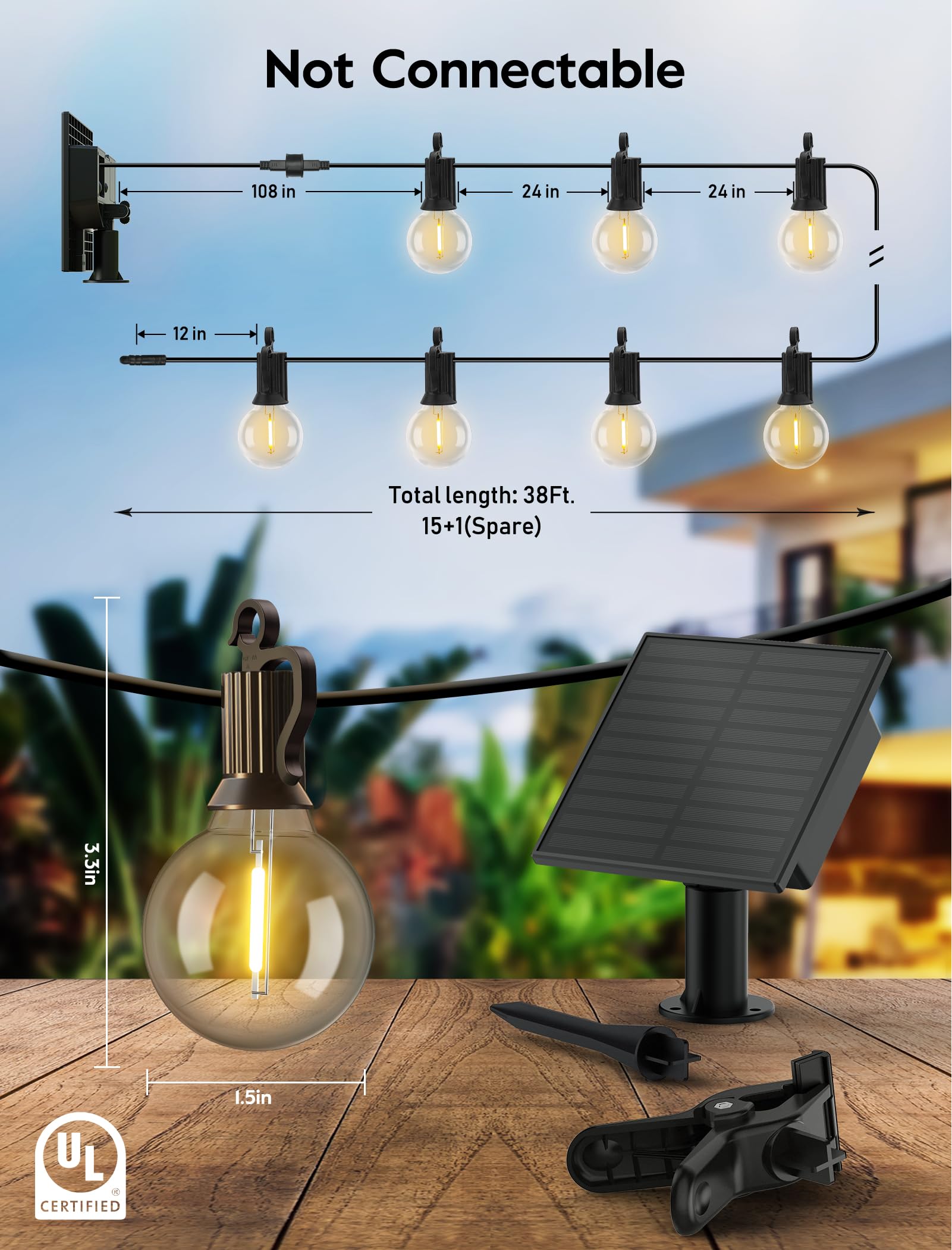Minetom Solar Outdoor Lights - 38 Ft Solar String Lights With 15 G40 Shatterproof Led Bulbs, Commercial Waterproof Solar Powered