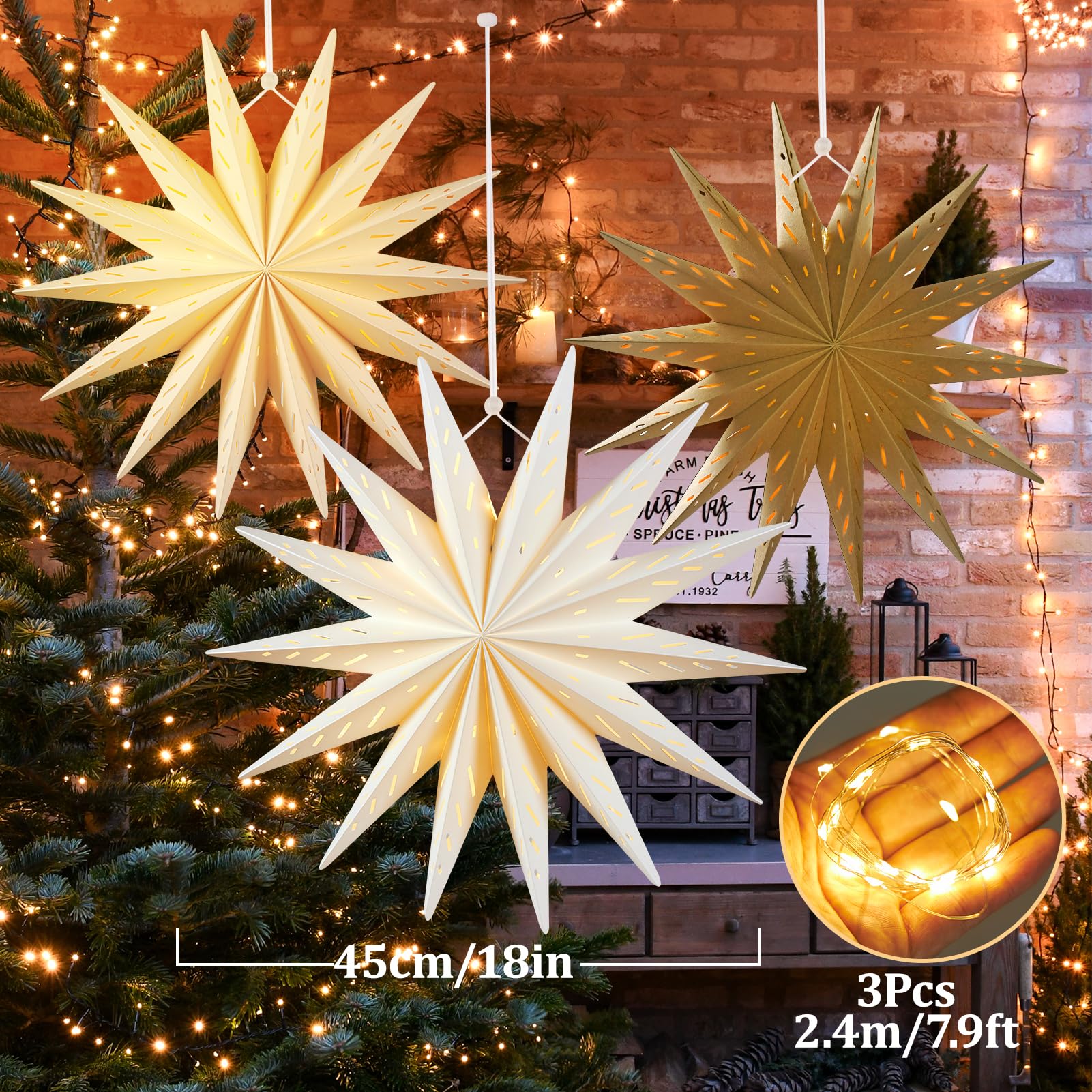 Sunbeauty 14-Pointed 18 Inch Hollow Out Paper Star Lanterns Brown White Christmas Lanterns Hanging Lamp Paper Decorations Shade