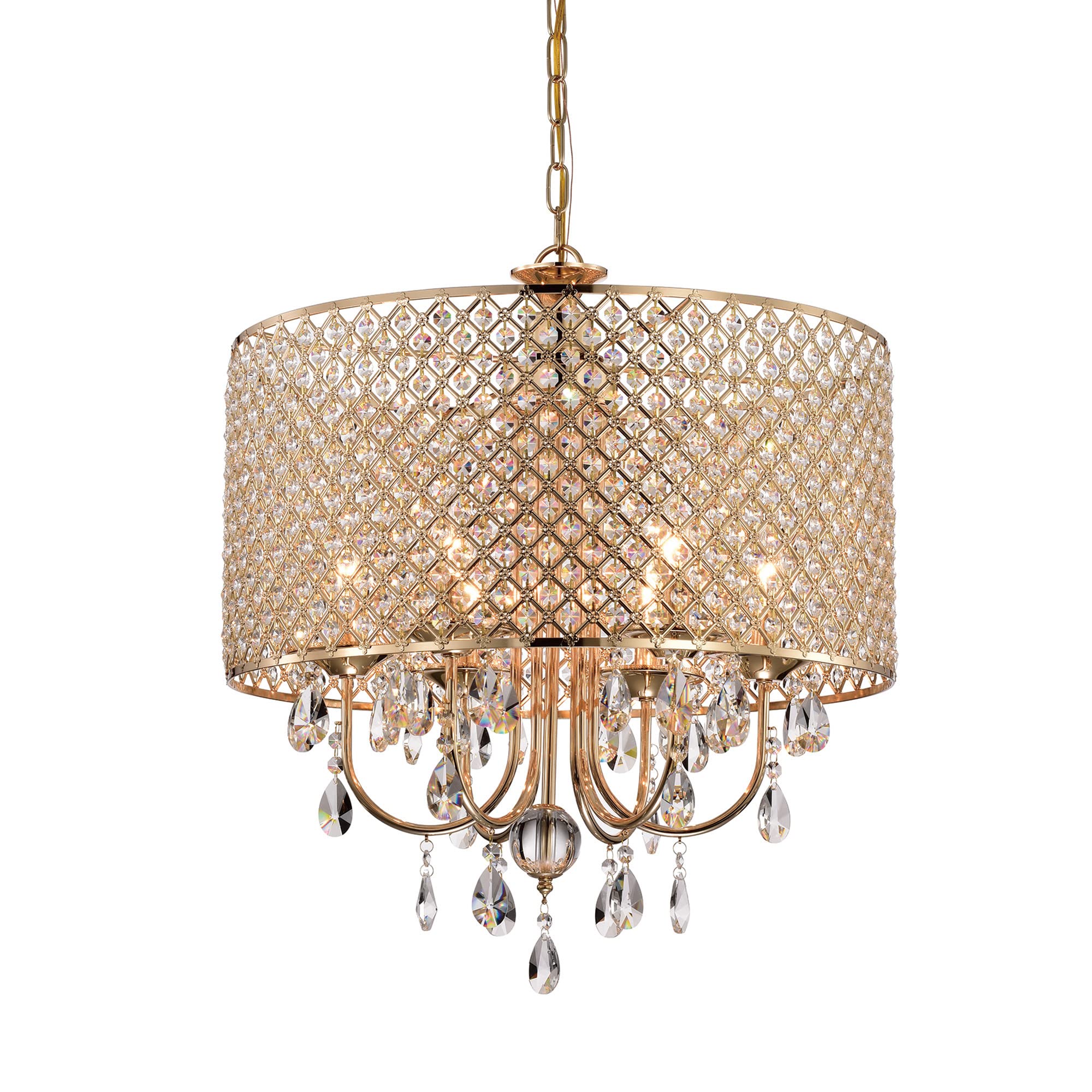 Edvivi 6-Light Drum Crystal Chandelier, Gold Finish With Hanging Tear Drop Crystals, Adjustable Lighting For Dining Room And Entryway