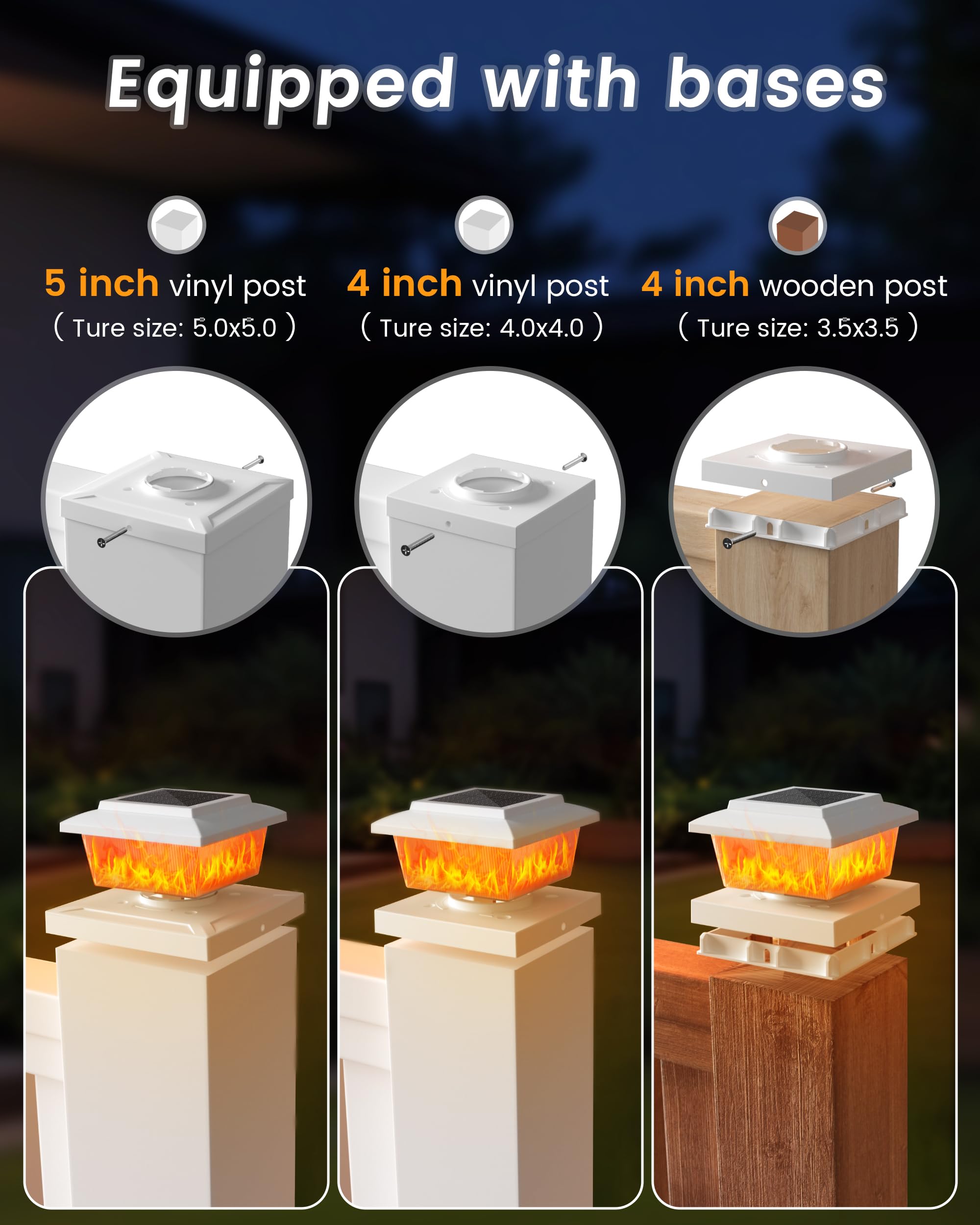 Volisun Solar Fence Post Lights 4Pack  White Solar Deck Cap Flame Light Outdoor Waterproof  High Brightness Flickering Flame Smd Led Lighting  For 4X4 Wooden/4X4 5X5 Vinyl Post