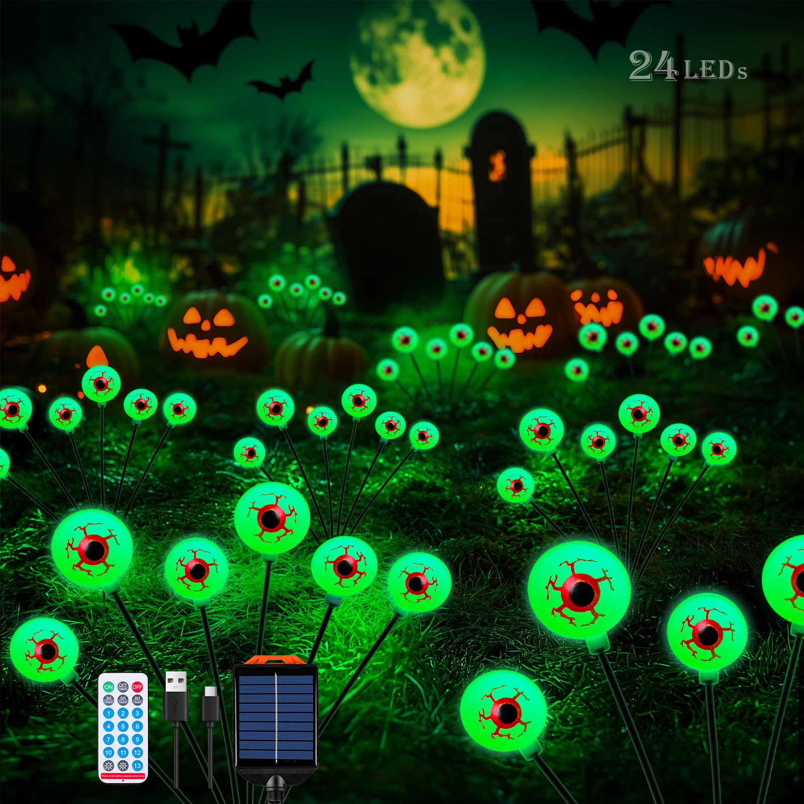 2 Packs 12Led Halloween Decorations Outdoor Solar Lights, Scary Bleeding Eyeball Swaying Firefly Lights, Waterproof Garden Path Lights For Patio Yard Pathway Walkway Halloween Party Decor- Green
