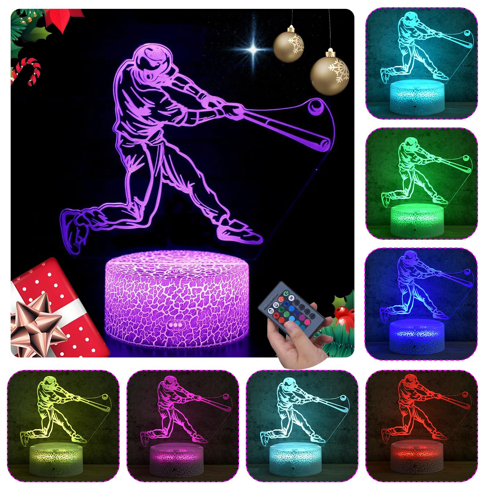 CaLoogn Baseball Man 3D Night Light for Kids for Teens Boys Girls Birthday Christmas Gift,with Smart Touch and Remote Control,Mu