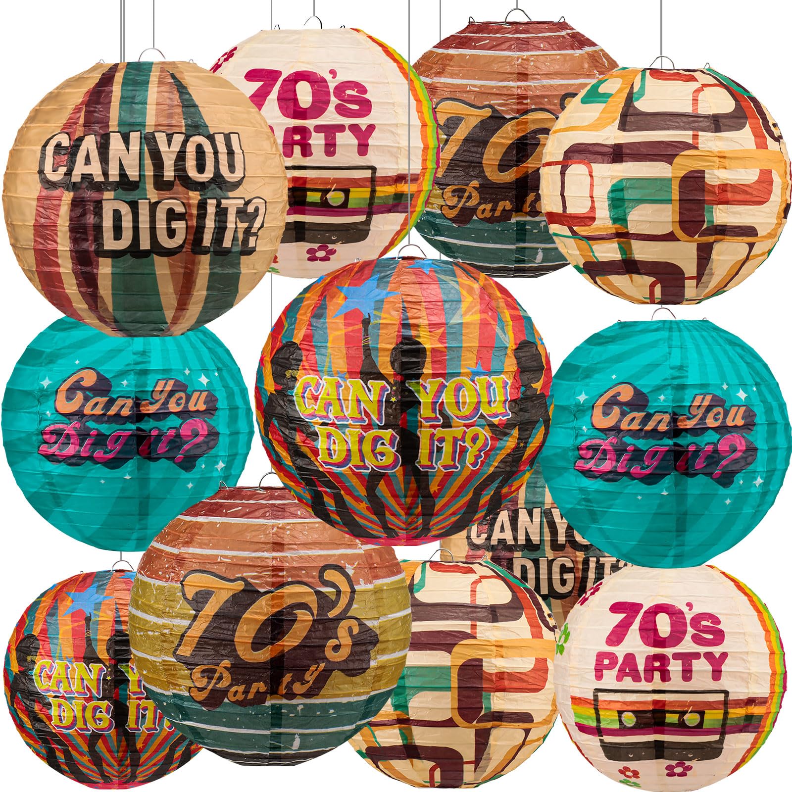 Panelee 12 Pcs 70s Retro Paper Lanterns Party Decorations 8 Inch Hanging Round Paper Party Decorations for Holiday Indoor Outdo