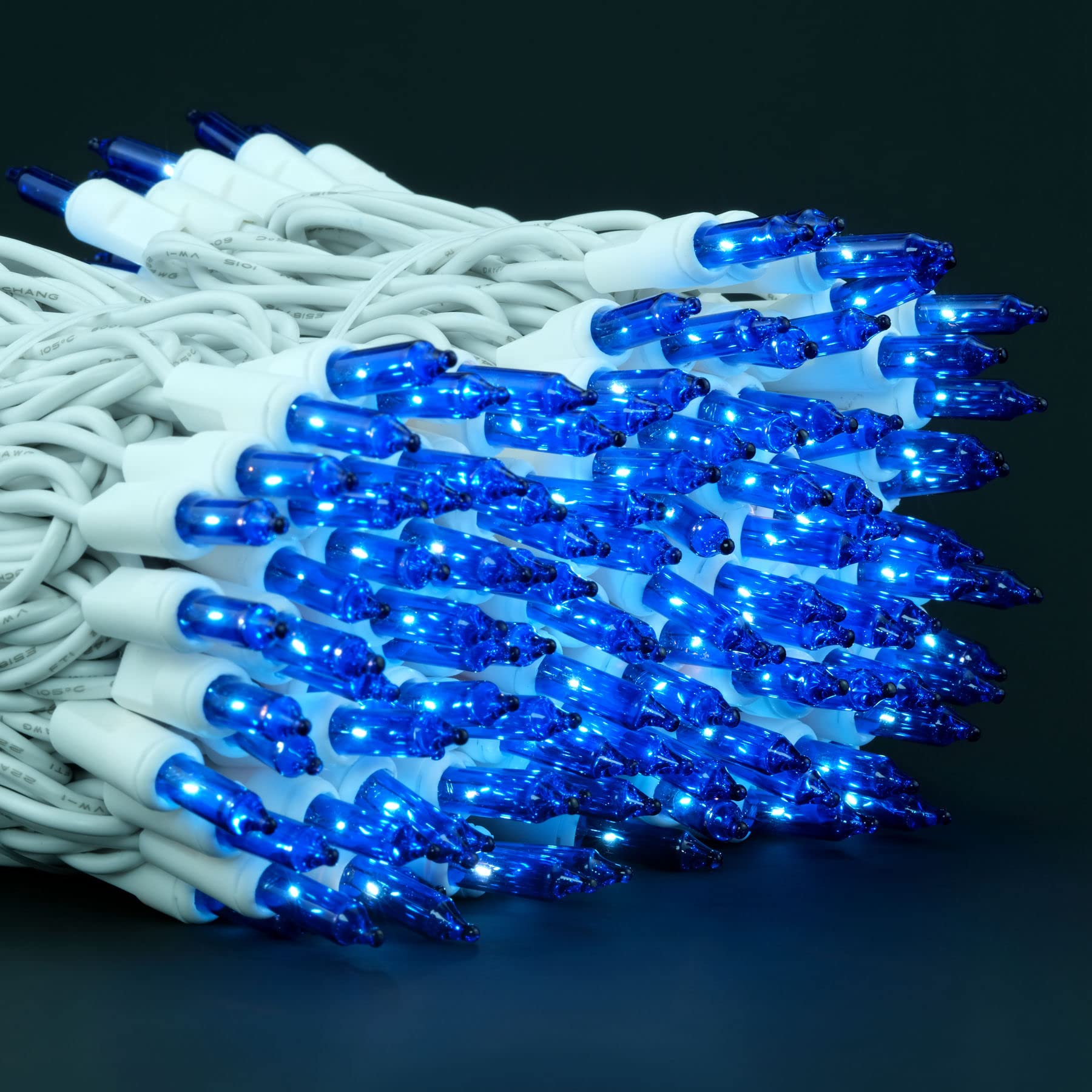 YULETIME Blue Christmas Lights, 200 Count Mini String Lights, 2 Strands of 21 ft, UL Certified, Glass, Blue - White Wire