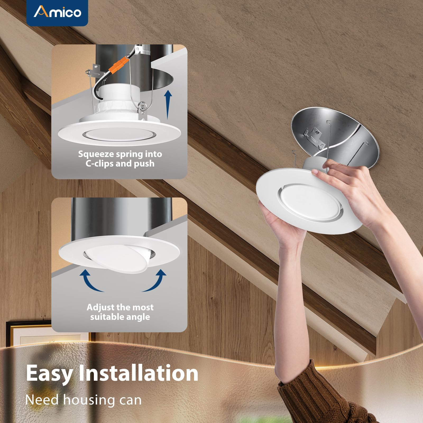 Amico 5/6 Inch Retrofit Eyeball Gimbal Can Lights, 6 Pack, 5CCT LED, 16W=150W, 1500 LM, Adjustable Ceiling Down