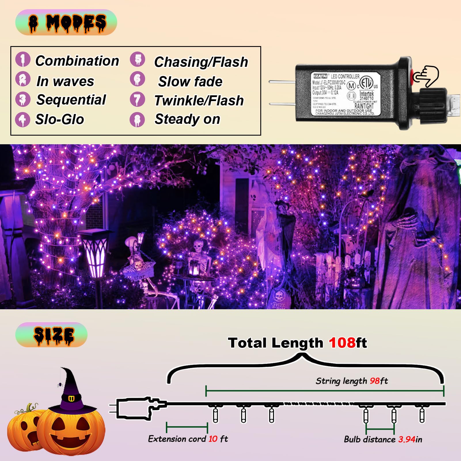 Illuminew 300 Led Halloween String Lights, 108Ft, 8 Modes, Orange Purple, Indoor Outdoor Decor