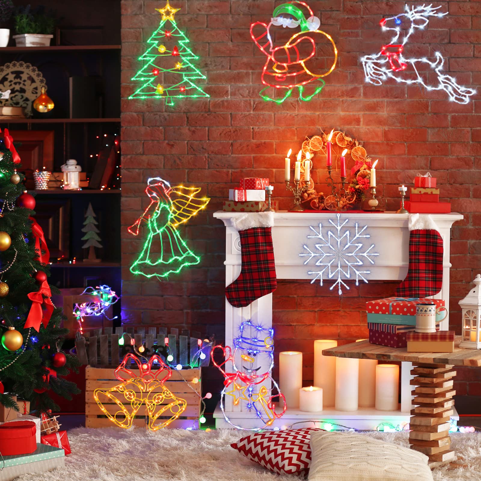 Pytopkto Christmas Decorations - 16" Christmas Window Silhouette Lights - 4 Pack Colour Lighted Santa & Reindeer & Christmas Tree & Bell For Holiday Indoor And Outdoor Wall Door Window Decorate