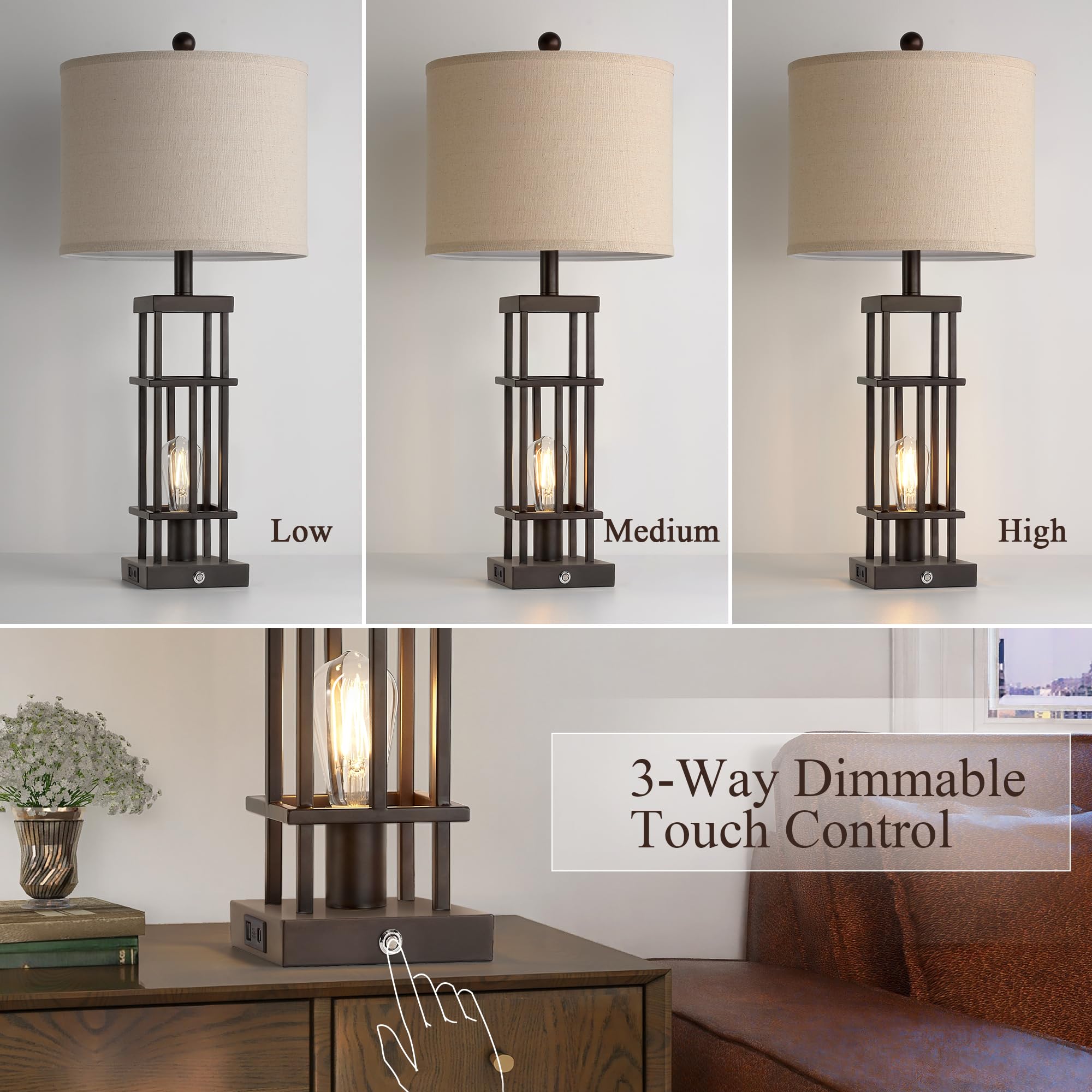 Bzzmmb 29.5'' Table Lamps For Living Room Set Of 2, Farmhouse Table Lamps With Usb C+A Ports, Touch Control Bedside Lamps With O