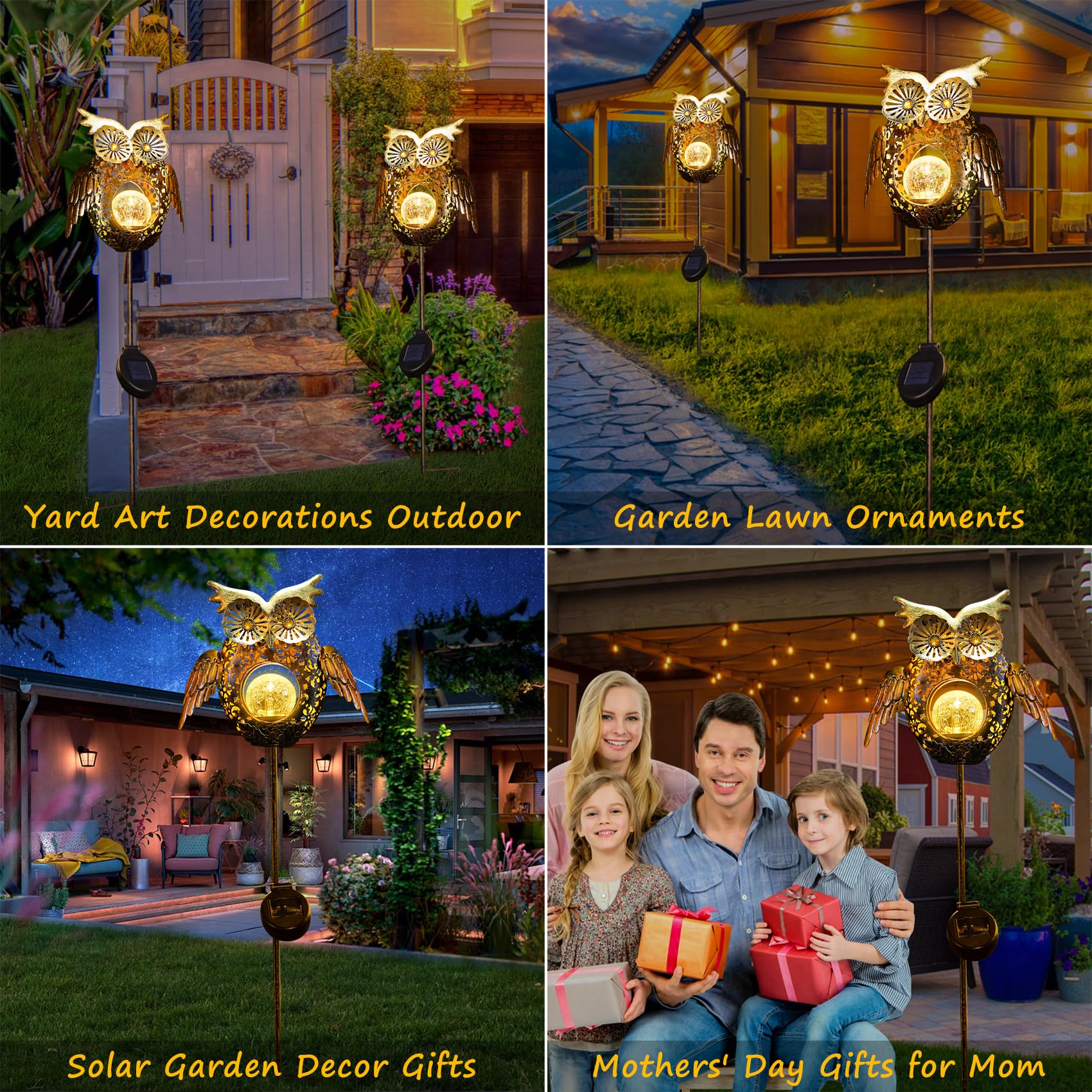 Go2Garden Solar Lights Outdoor Owl Decorative Metal Stakes Lights Crackle Glass Light For Lawn, Yard Art, Pathway, Patio Decorations,Birthday Mothers' Day Gift For Mom Dad Grandma (Bronze)