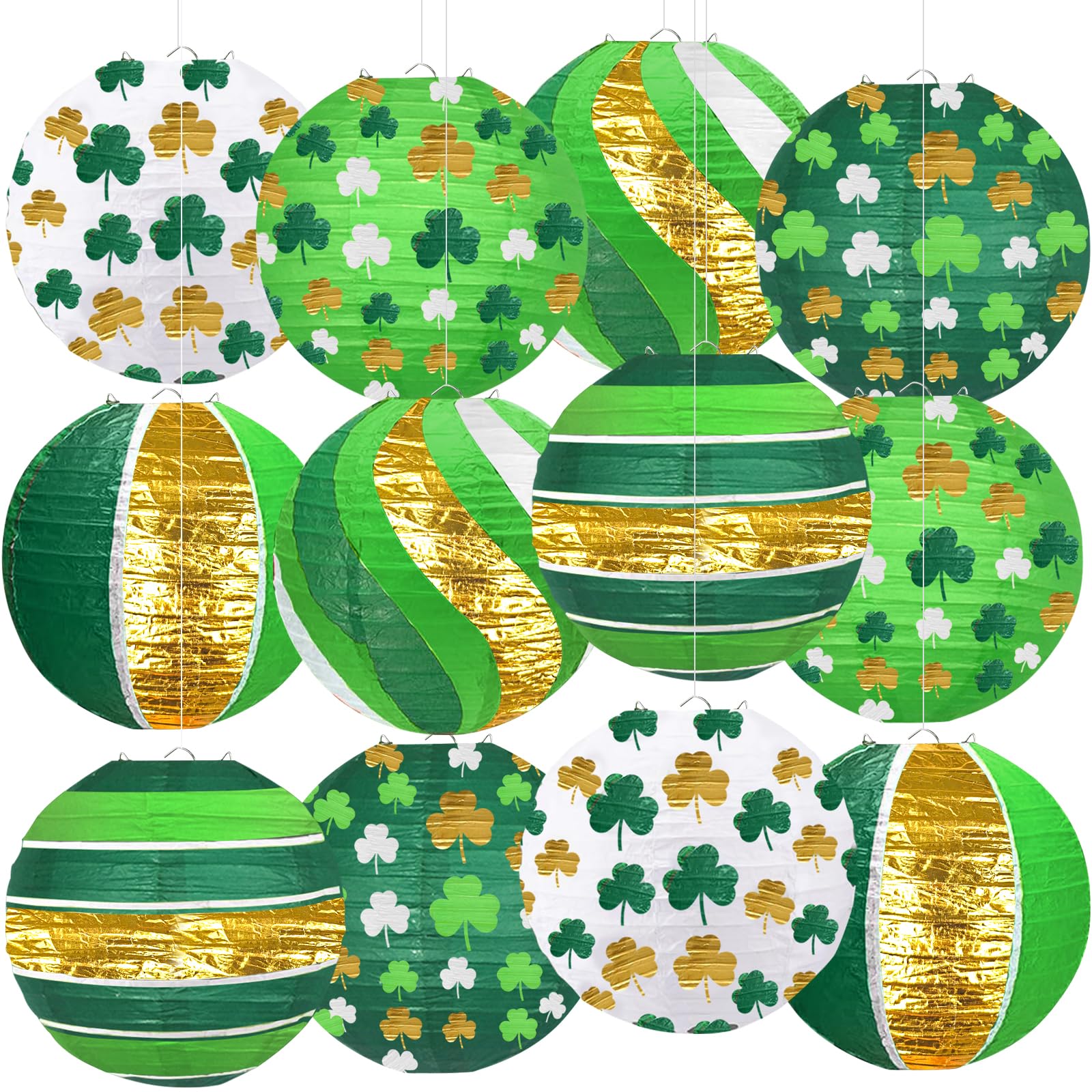 Adlkgg St Patrick'S Day Paper Lanterns Party Decorations, Green Four-Leaf Clover Printed Hanging Round Paper Lanterns For Irish 