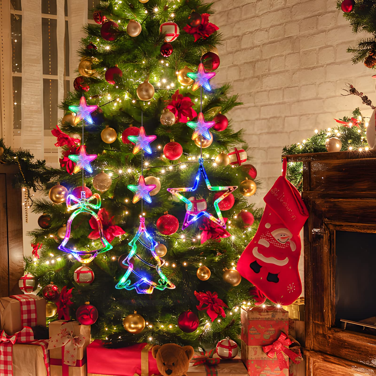 Lyubasa [Timer 3Pcs Christmas Window Lights Decorations, Battery Powered Christmas Window Hanging Multicolor Lighted Tree Bell Star Shaped Led Sucker For Xmas Tree Window Fireplace Indoor Decor