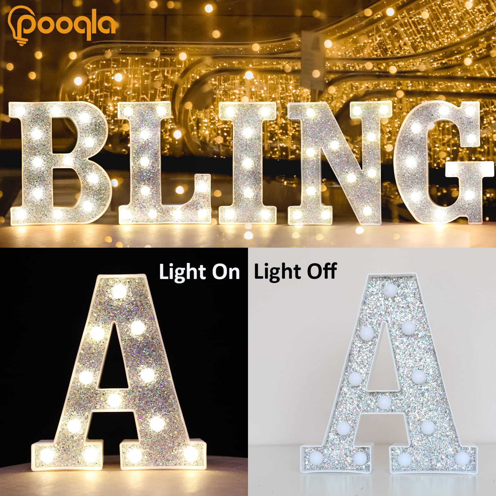 Pooqla LED Marquee Letter Lights - Battery Powered Silver Glitter Alphabet Sign for Home Bar, Party, Wedding, Christmas - Sequin Silver J