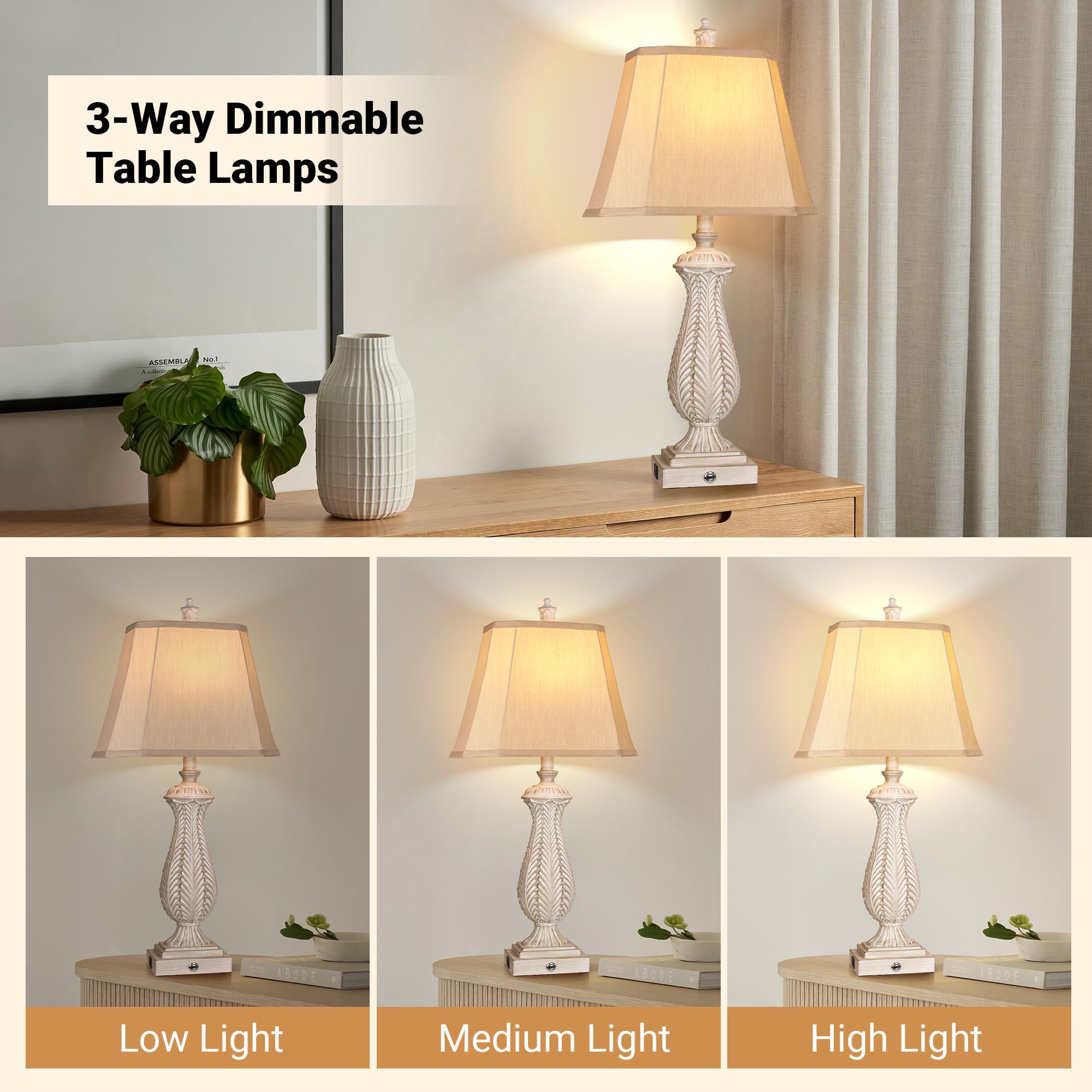 WIHTU 3-Way Dimmable Table Lamps Set of 2, Light Wood Resin, 30in H with USB & Type-C Ports, Model STR-DL-0042