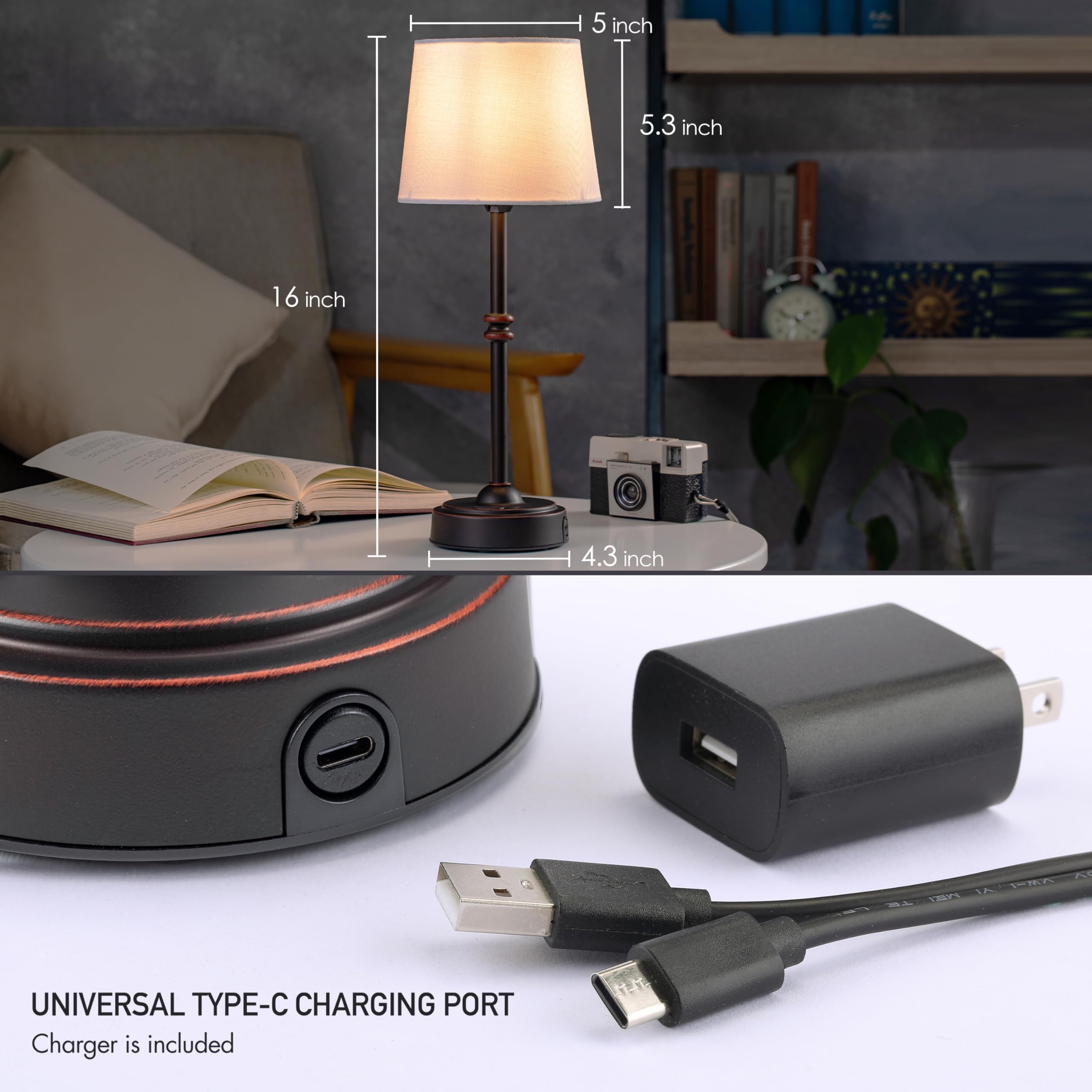 O'Bright Cordless LED Table Lamp with Dimmer, Rechargeable Battery, Oil-Rubbed Bronze, Model OB-TL19B