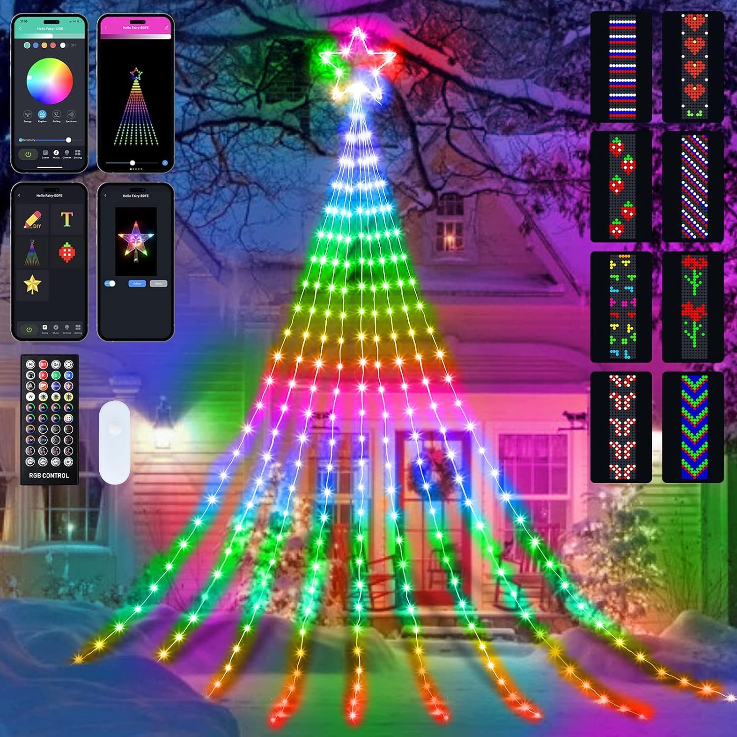 Outdoor Christmas Star String Lights, Smart RGB Waterfall Tree String Light with APP Remote Control, DIY Modes Dimmable Timer Mu