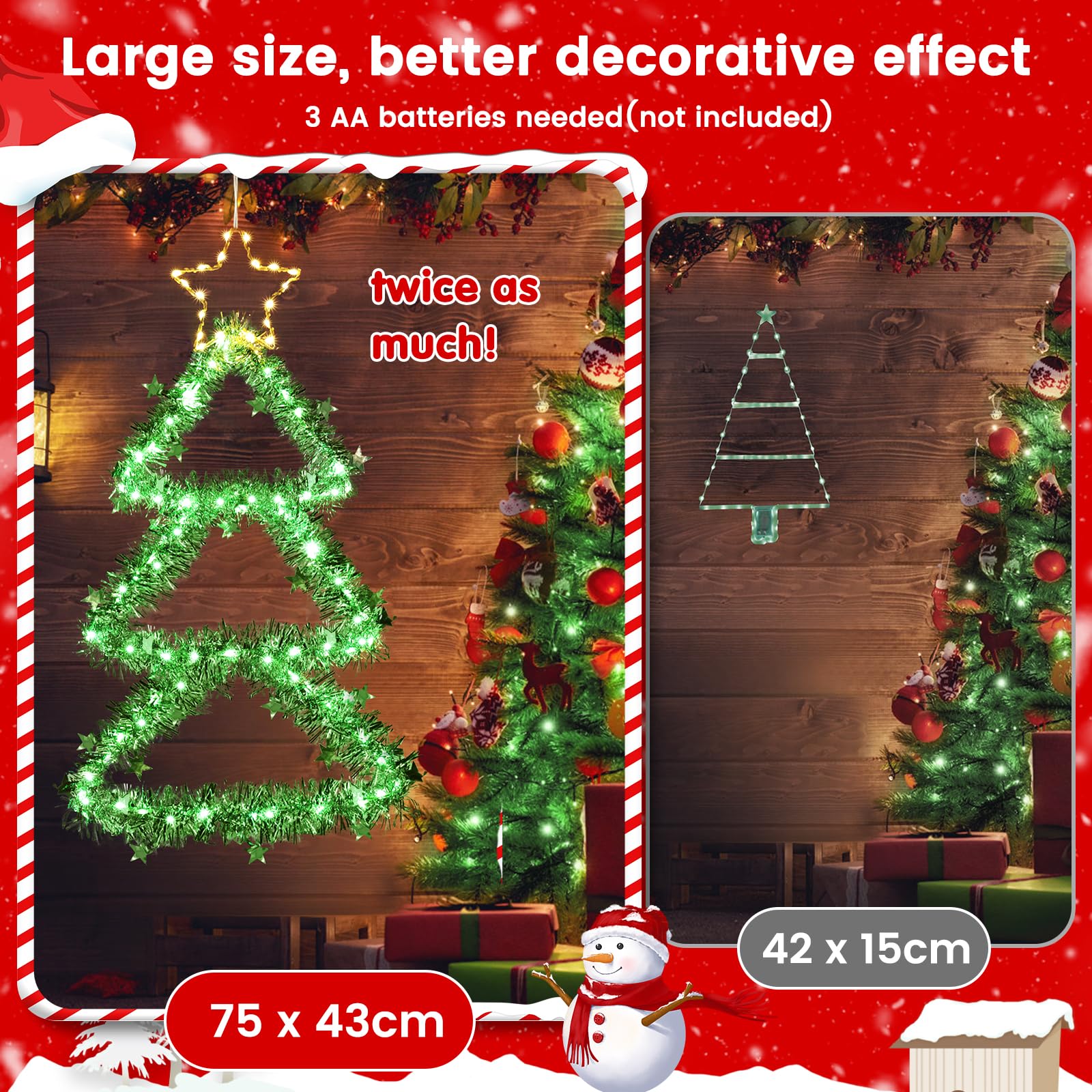 Elktry Led Christmas Decorations Lights, Green Lighted Christmas Tree With Silver Tinsel And Warm White Star Topper, Battery Operated Hanging Lights For Indoor Outdoor, Window Wall Door Home Decor