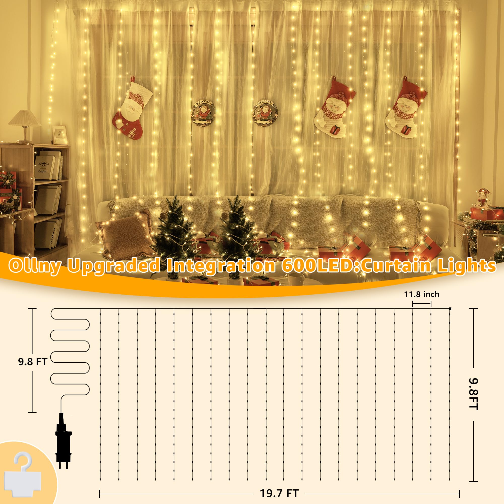 Ollny 600LED Curtain Lights, IP67 Waterproof, 19.7ft x 9.8ft, Warm White, Remote Control, 8 Modes, Model NYB0600F