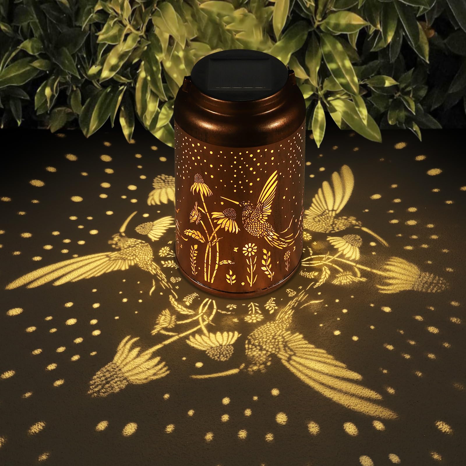 Tepaken Solar Lanterns Outdoor Waterproof Hummingbird Garden Decor, Gold, Hummingbird-flower, Model T-DL-107