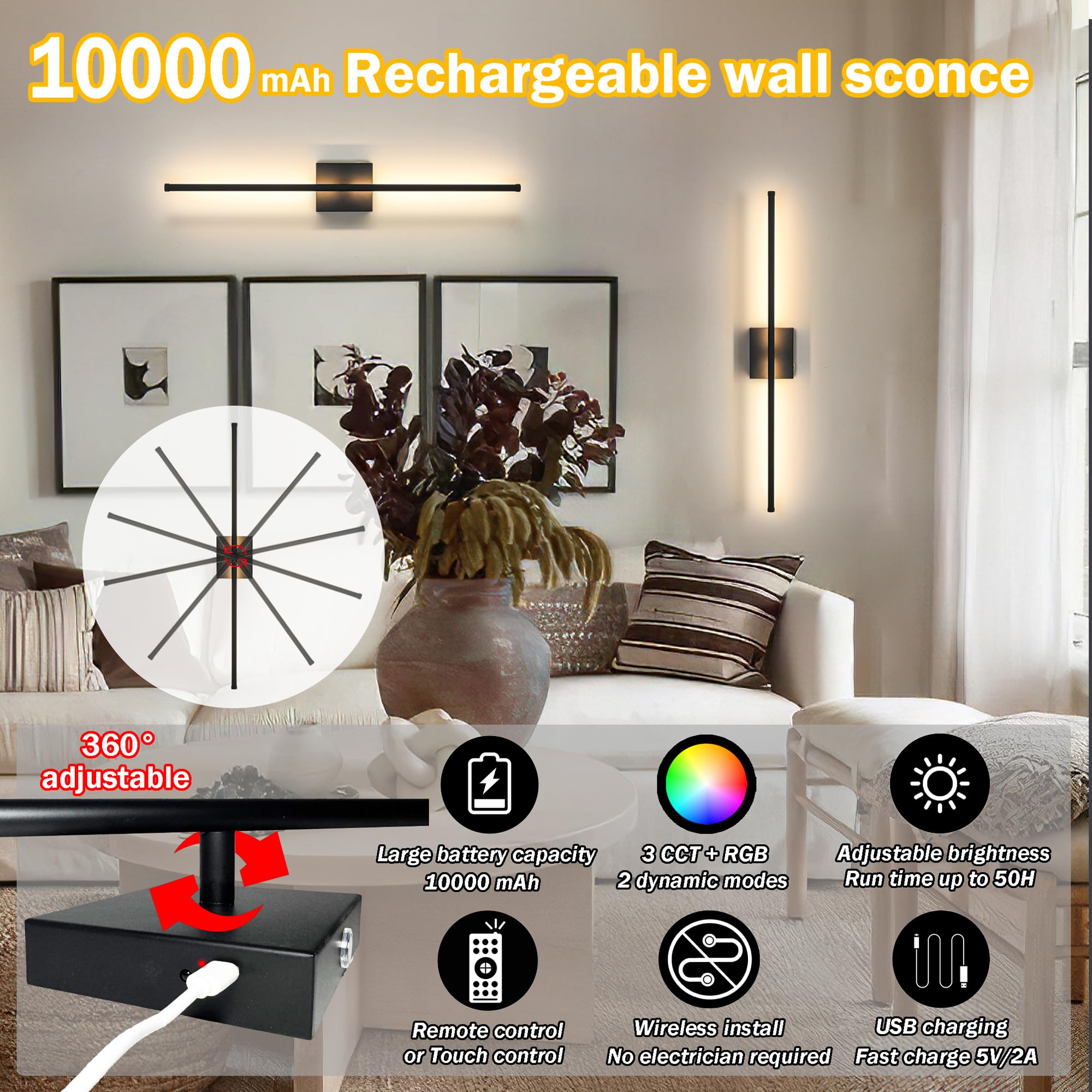 Vimhou Battery Operated Wall Sconce Set of 2, Wireless Dimmable RGB Light, 10000mAh, Black, 360° Rotate, Rechargeable, One Size