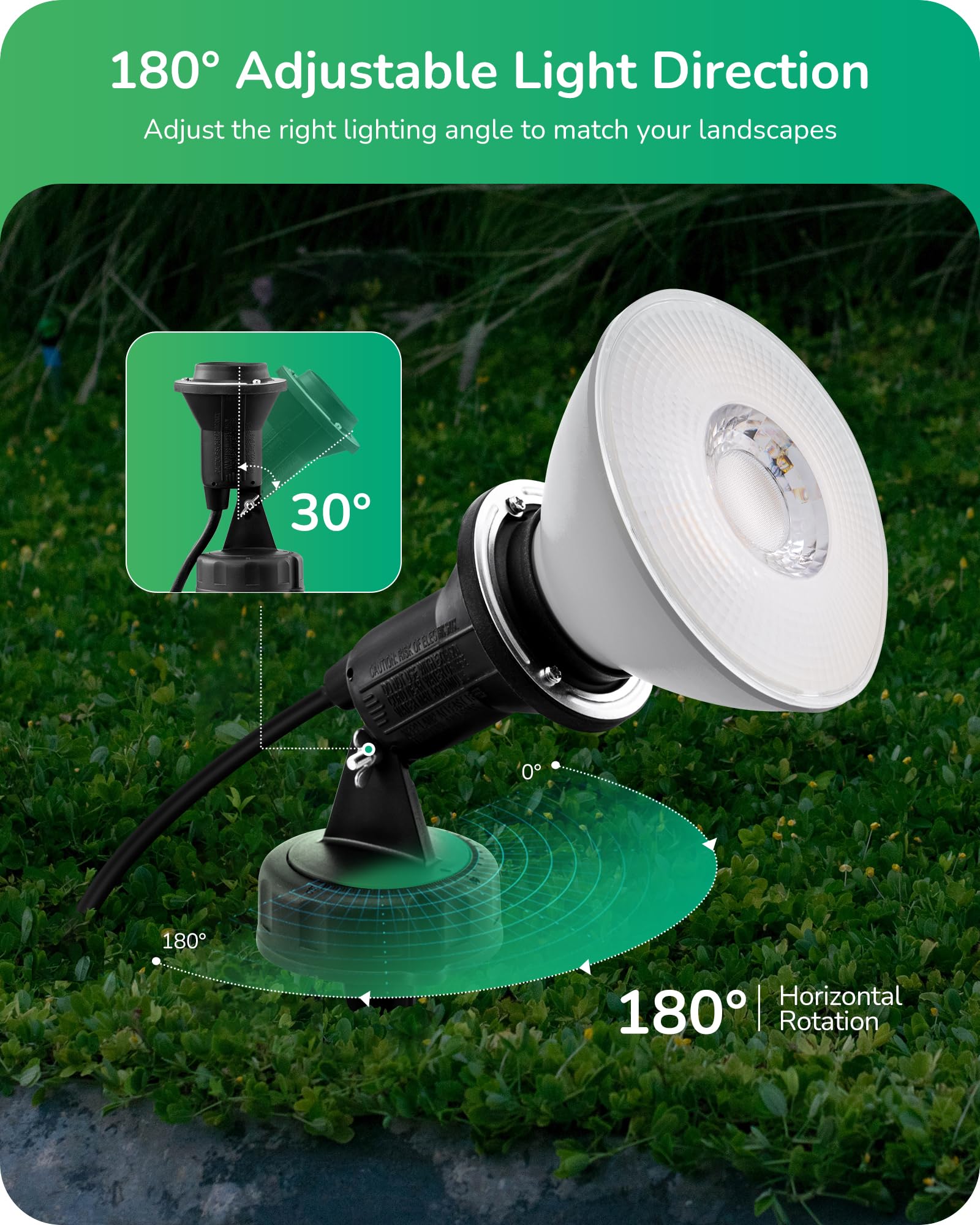 EDISHINE Outdoor Spotlights - 120V Waterproof Flood Stake Lights, E26 Base, 180° Adjustable Head, Black, 2 Pack, UL Listed