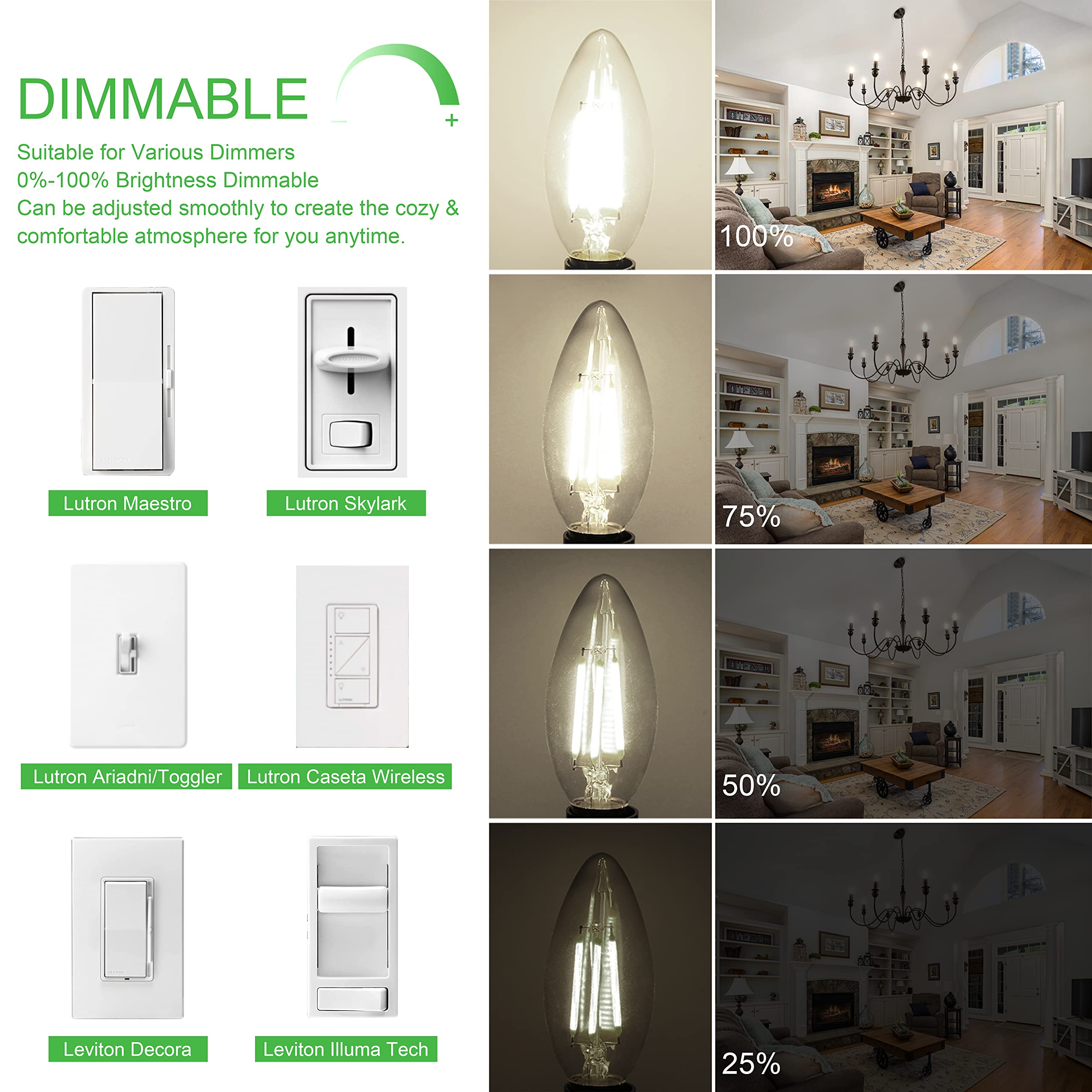 winshine 10 Pack Dimmable E12 Candelabra Light Bulbs, 4W 4000K Natural Daylight, B11, 600LM, Glass, 60W Equivalent