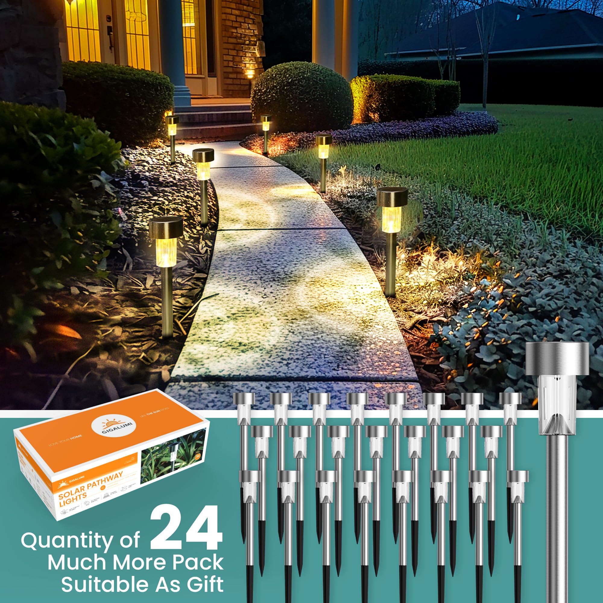 Gigalumi 24 Pack Solar Path Lights Outdoor,Solar Lights Outdoor Waterproof,Stainless Steel Led Landscape Lighting,Solar Garden L