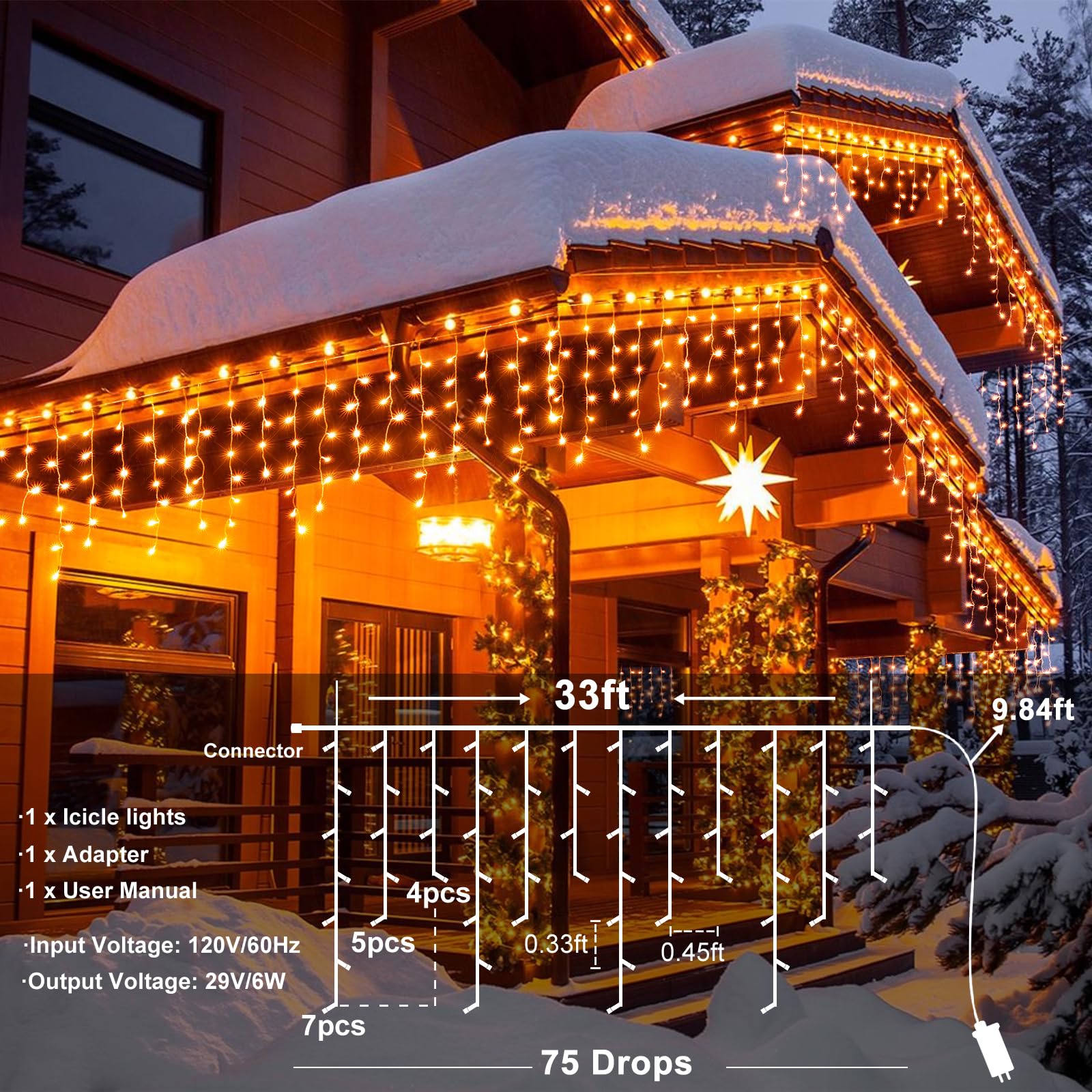 Orange Christmas Lights Outdoor, 66Ft Icicle Lights For Outside 640 Led Christmas Lights Plug In 8 Modes Timer Connectable Clear Wire Twinkle Tree Lights For Yard House Indoor Holiday Decoration