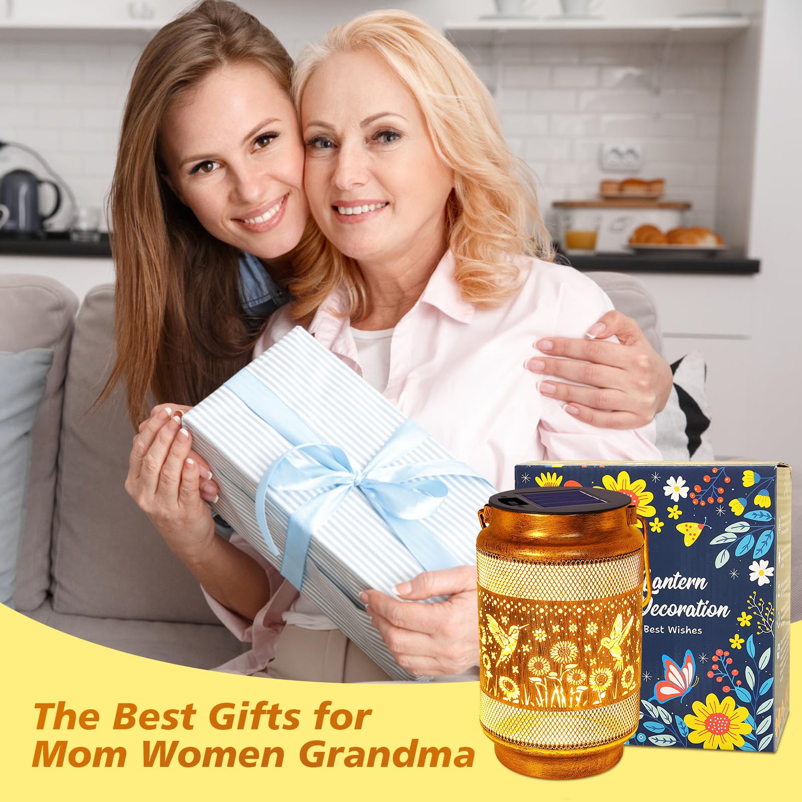 Gifts For Mom, Mom Gift Solar Lanterns Outdoor, Mother Birthday Gift From Daughter Son, Metal Solar Hanging Hummingbird Lights W