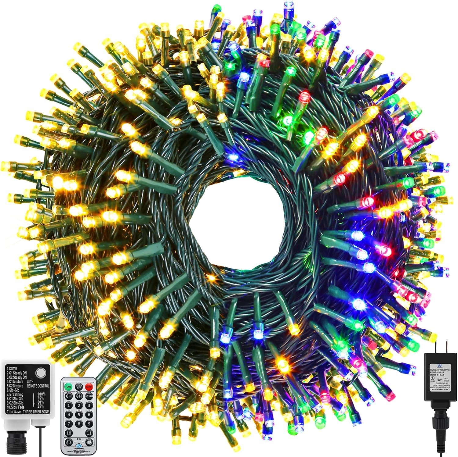 QUWIN Outdoor Christmas String Lights, 180Ft 500 LED UL Certified 11 Lighting Modes, Indoor & Outside Christmas Tree Lights for Christmas Tree, Patio, Holidays, Party ?